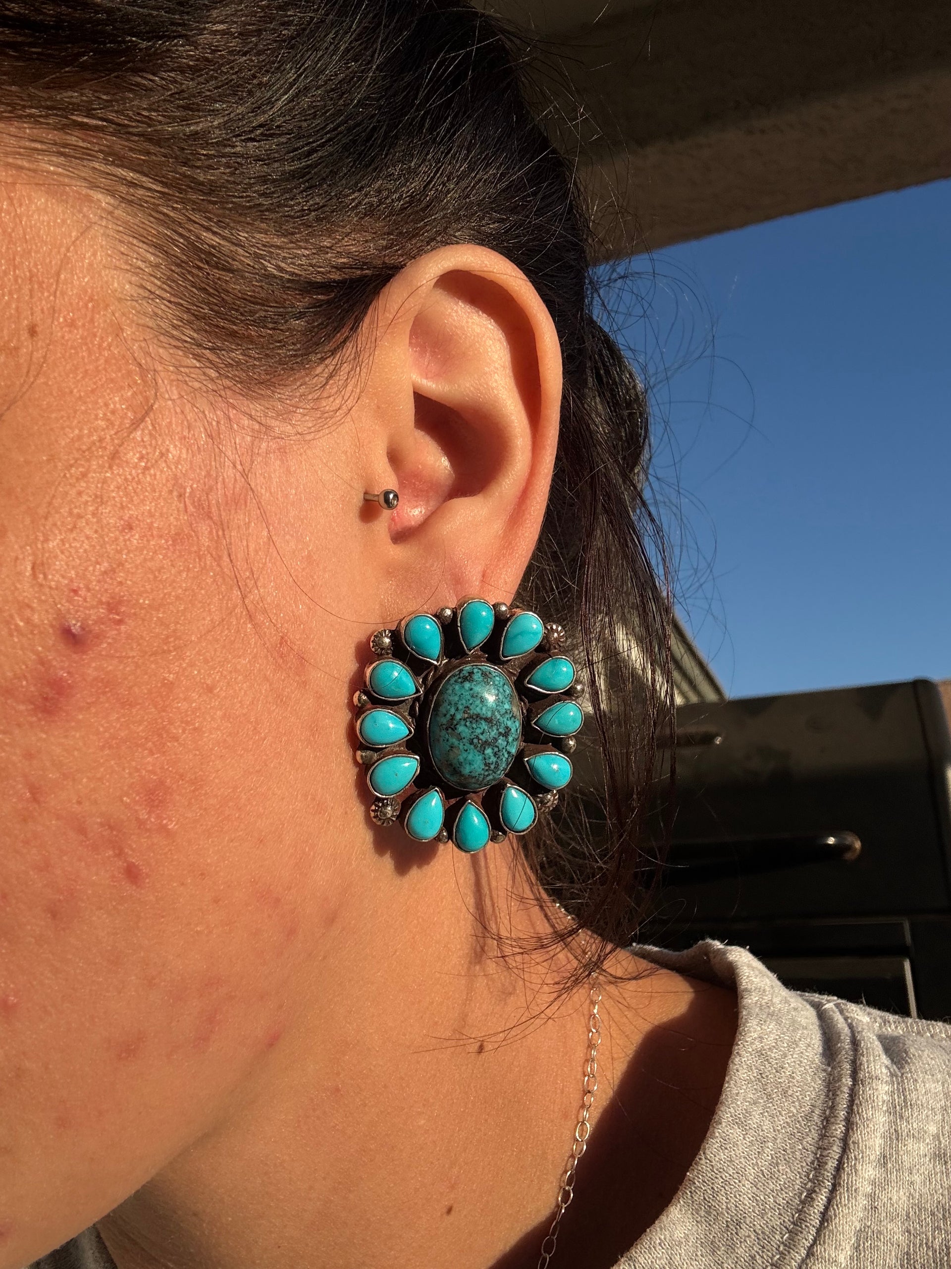 Navajo Made Kingman Turquoise & Sterling Silver Post Dangle Cluster Earrings