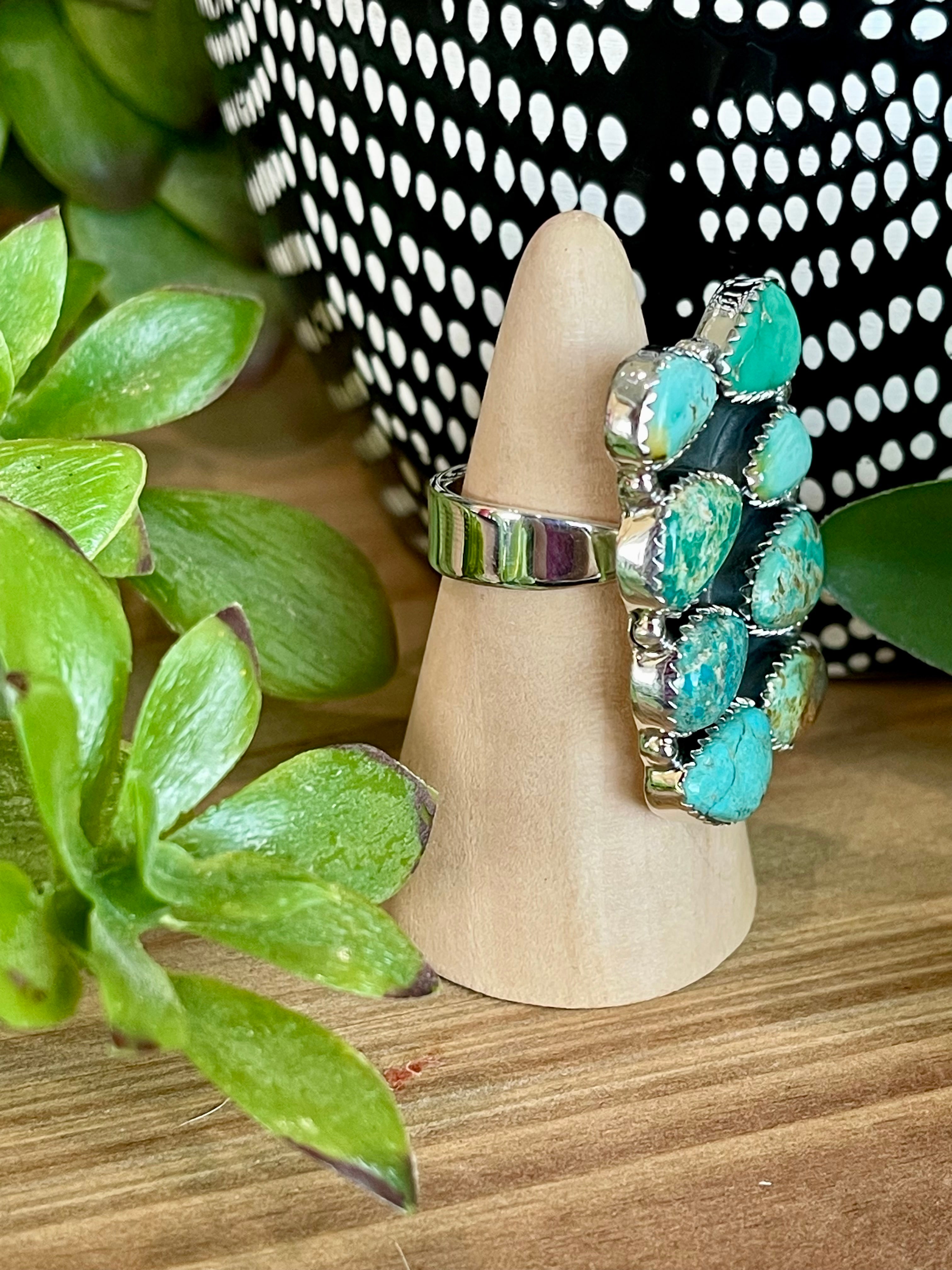 Southwest Handmade Sonoran Mountain Turquoise & Sterling Silver Cluster Adjustable Ring