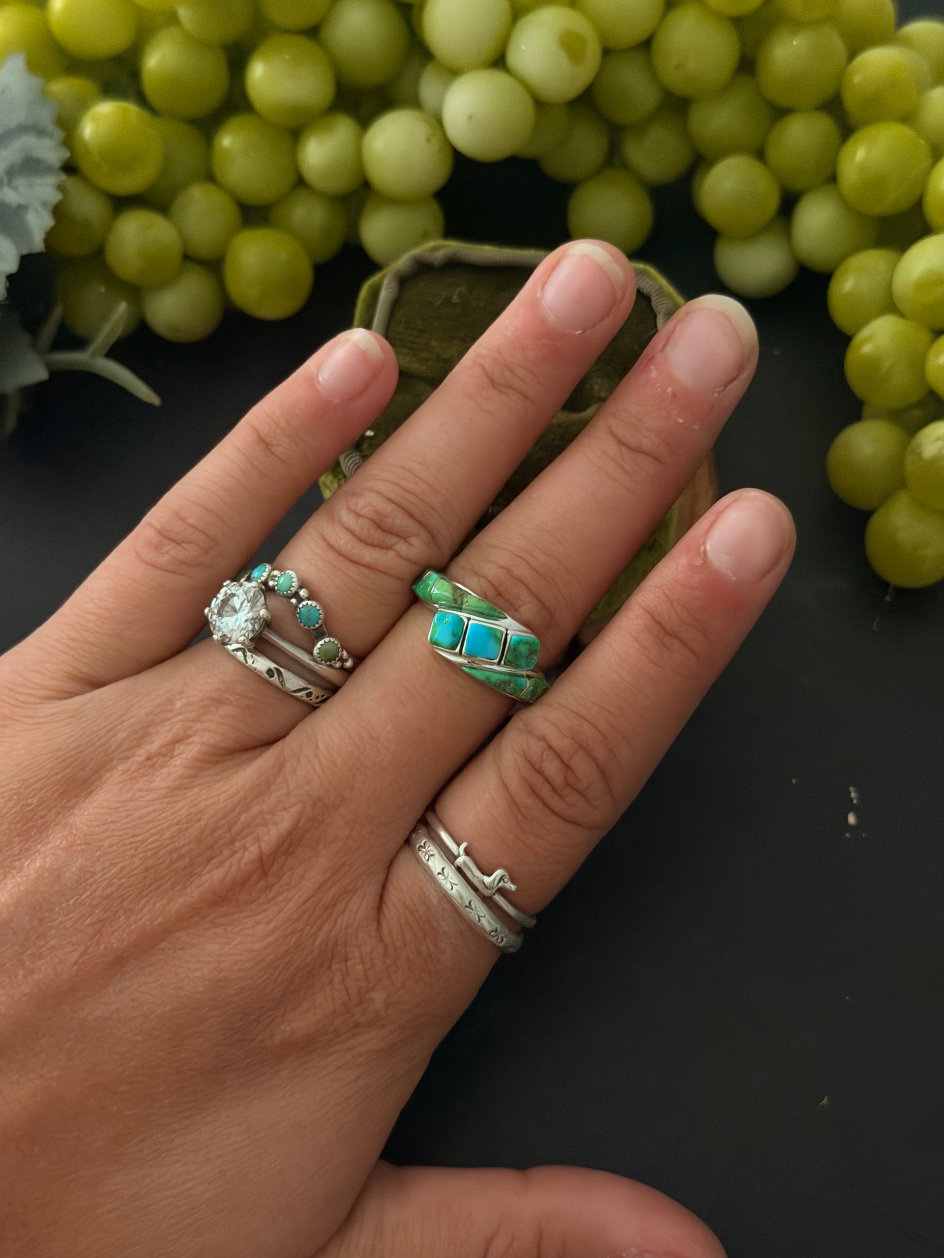 Navajo Made Sonoran Gold Turquoise & Sterling Silver Inlay Ring Size 7.5