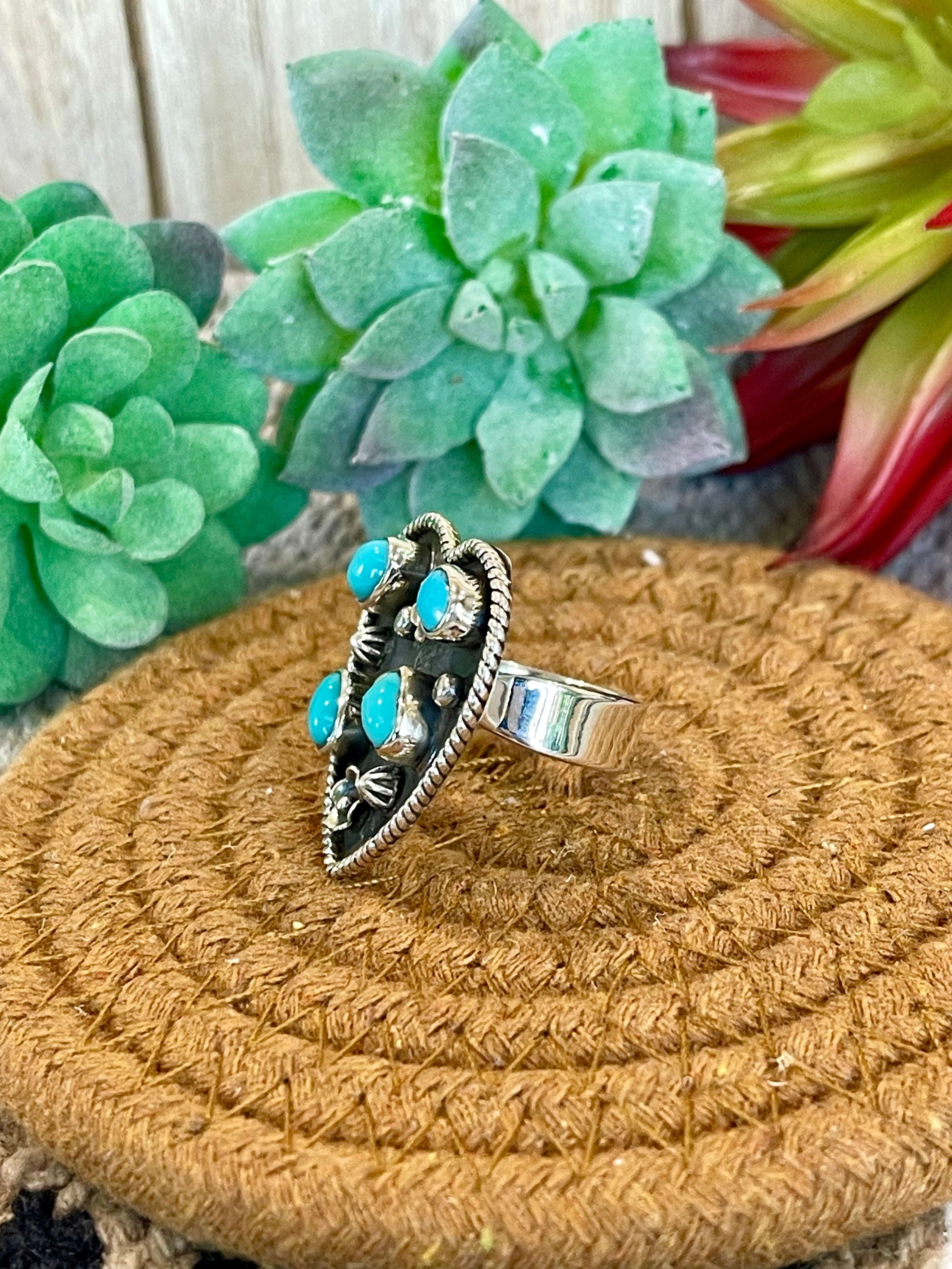 Southwest Handmade Kingman Turquoise & Sterling Silver Adjustable Heart Ring