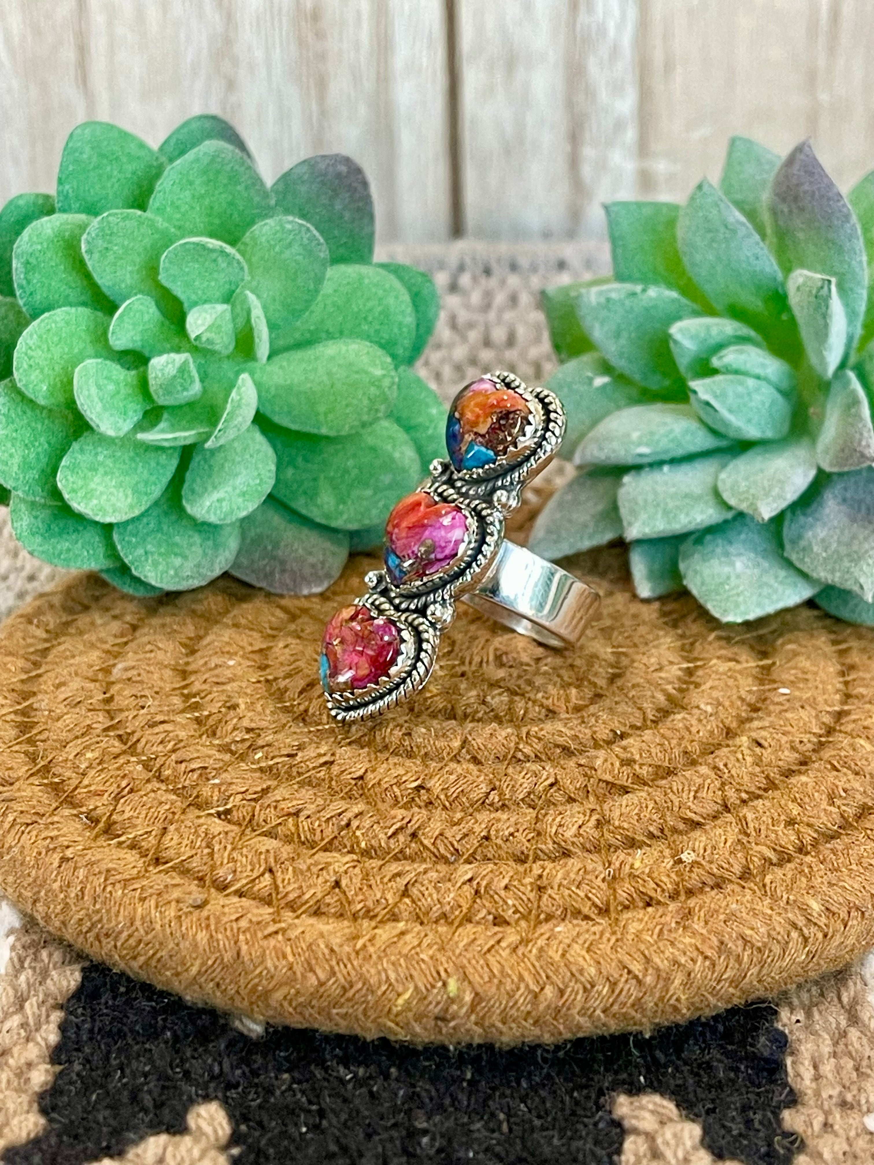 Southwest Handmade Pink Mohave & Sterling Silver Adjustable 3 Stone Heart  Ring