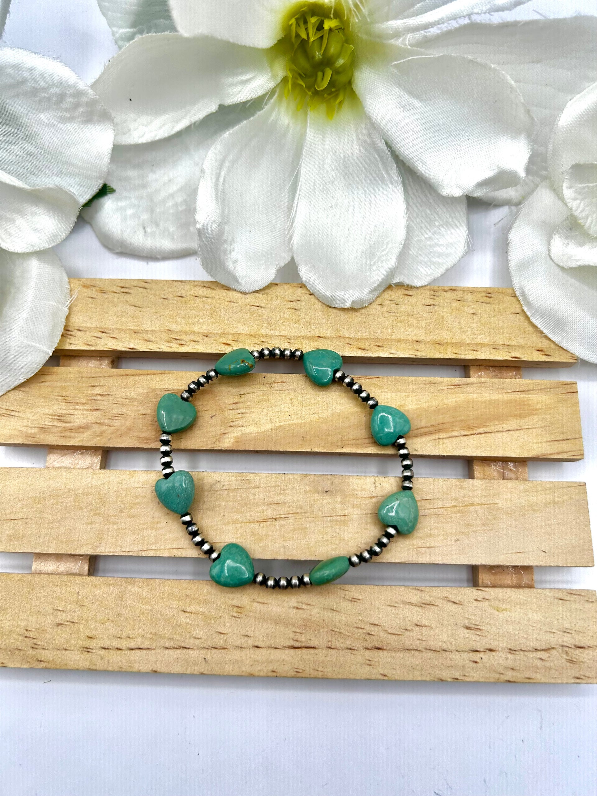 Navajo Made Kingman Turquoise & Sterling Sliver  Strung Stretchy Bracelet