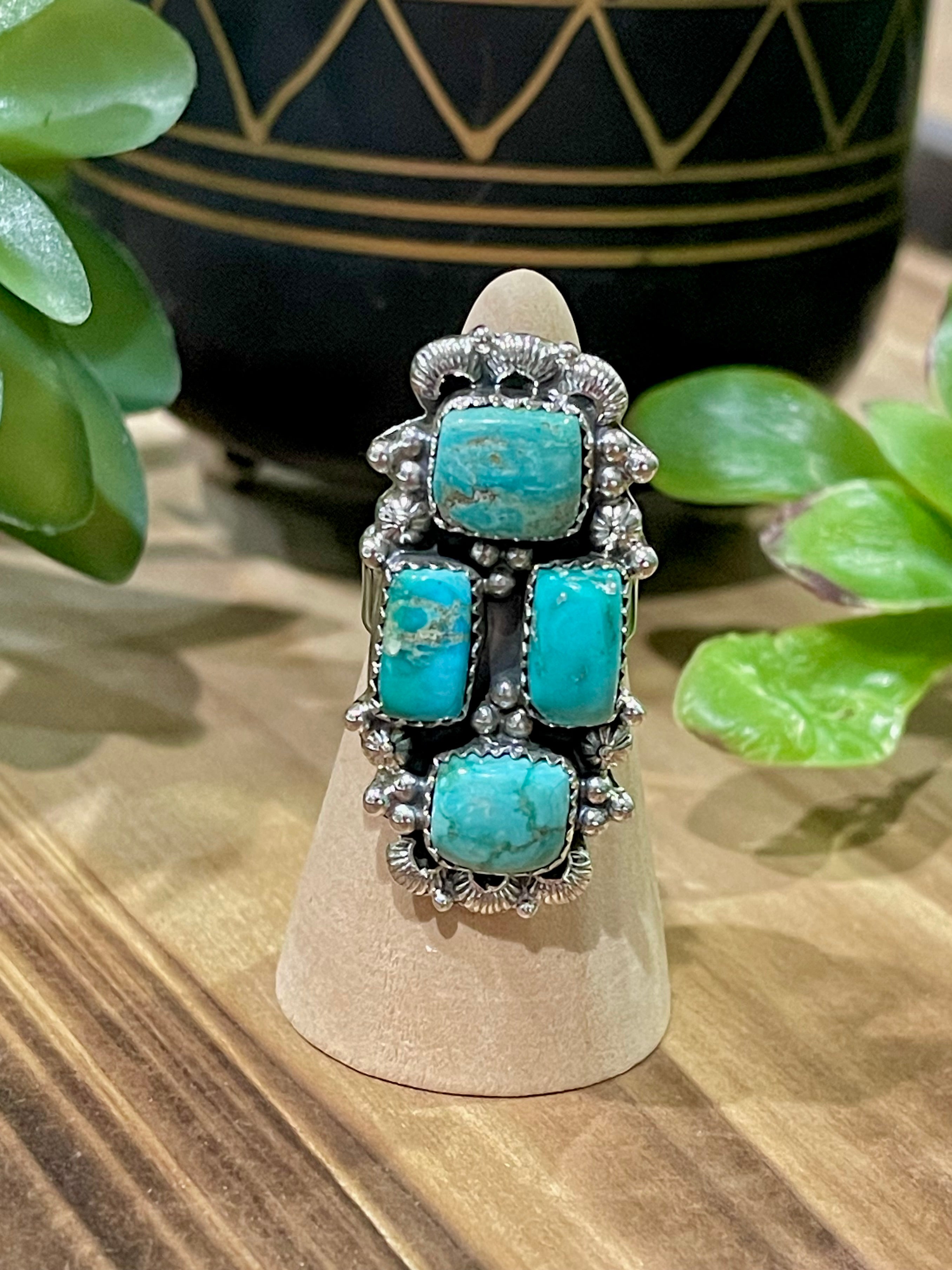 Southwest Handmade Emerald Valley Turquoise & Sterling Silver Adjustable Cluster Ring