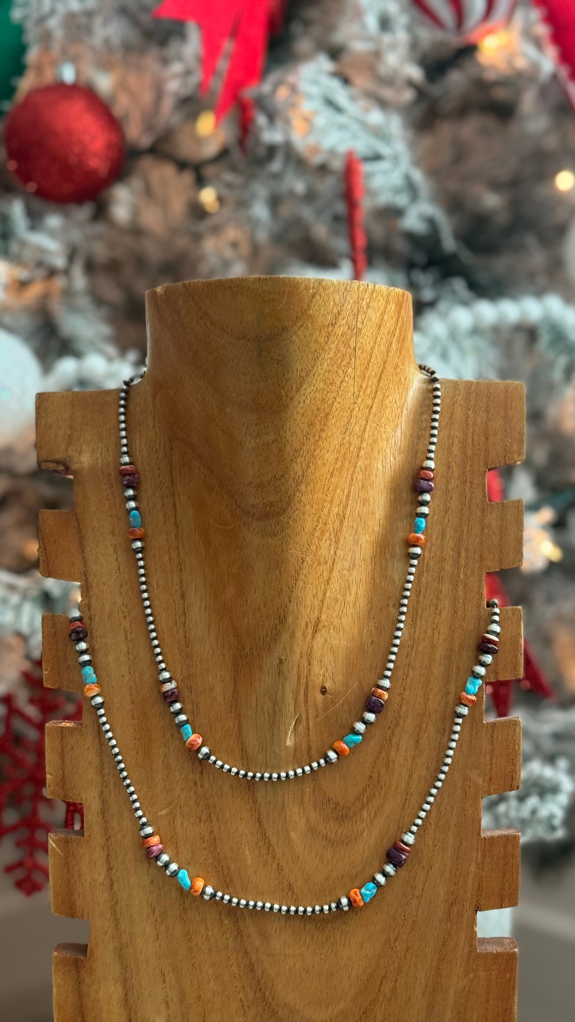 Navajo Strung Multi Stone & Sterling Silver Graduated Pearl Necklace