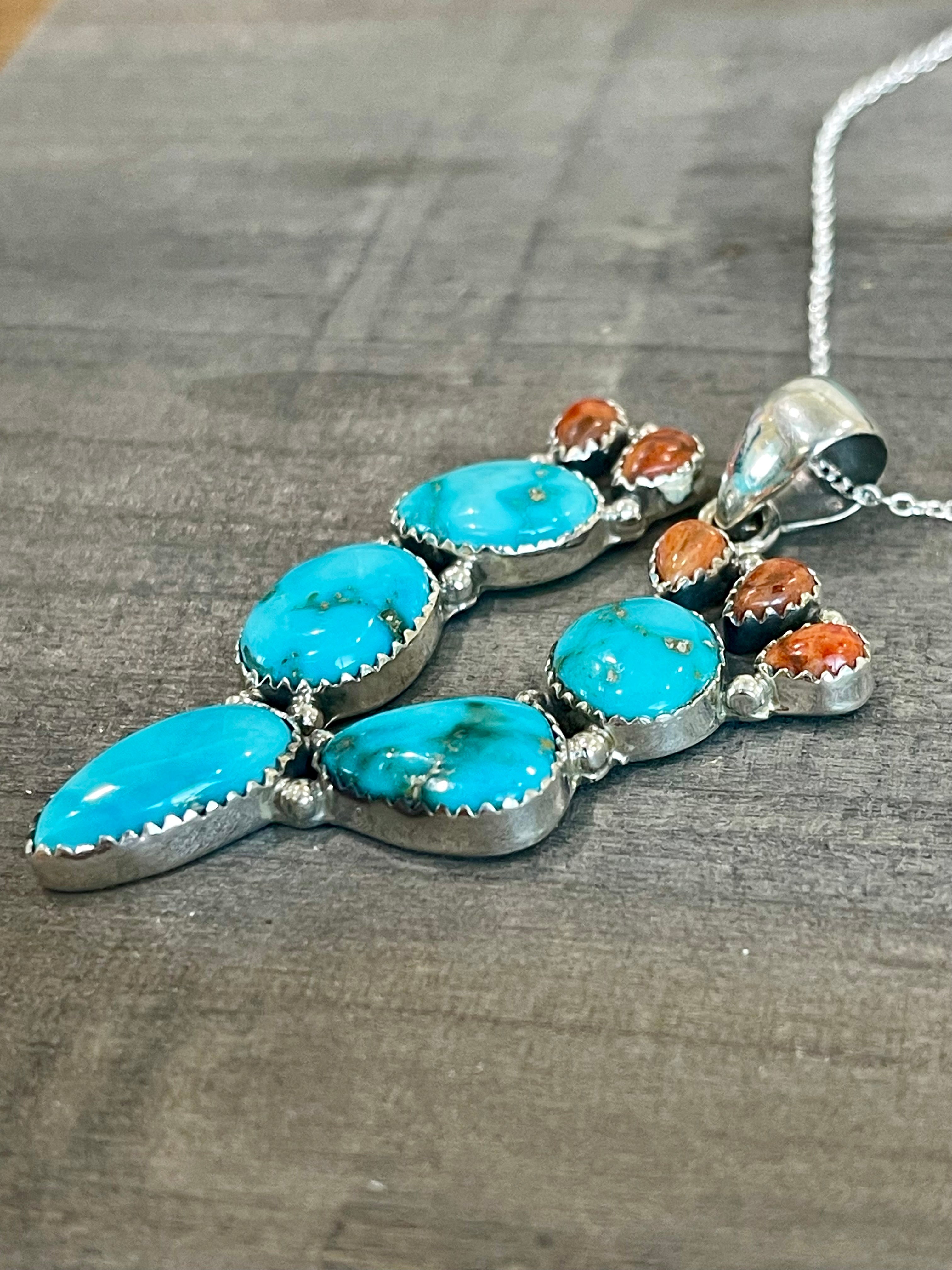 Southwest Handmade Sonoran Mountain Turquoise & Sterling Silver Prickly Pear  Necklace