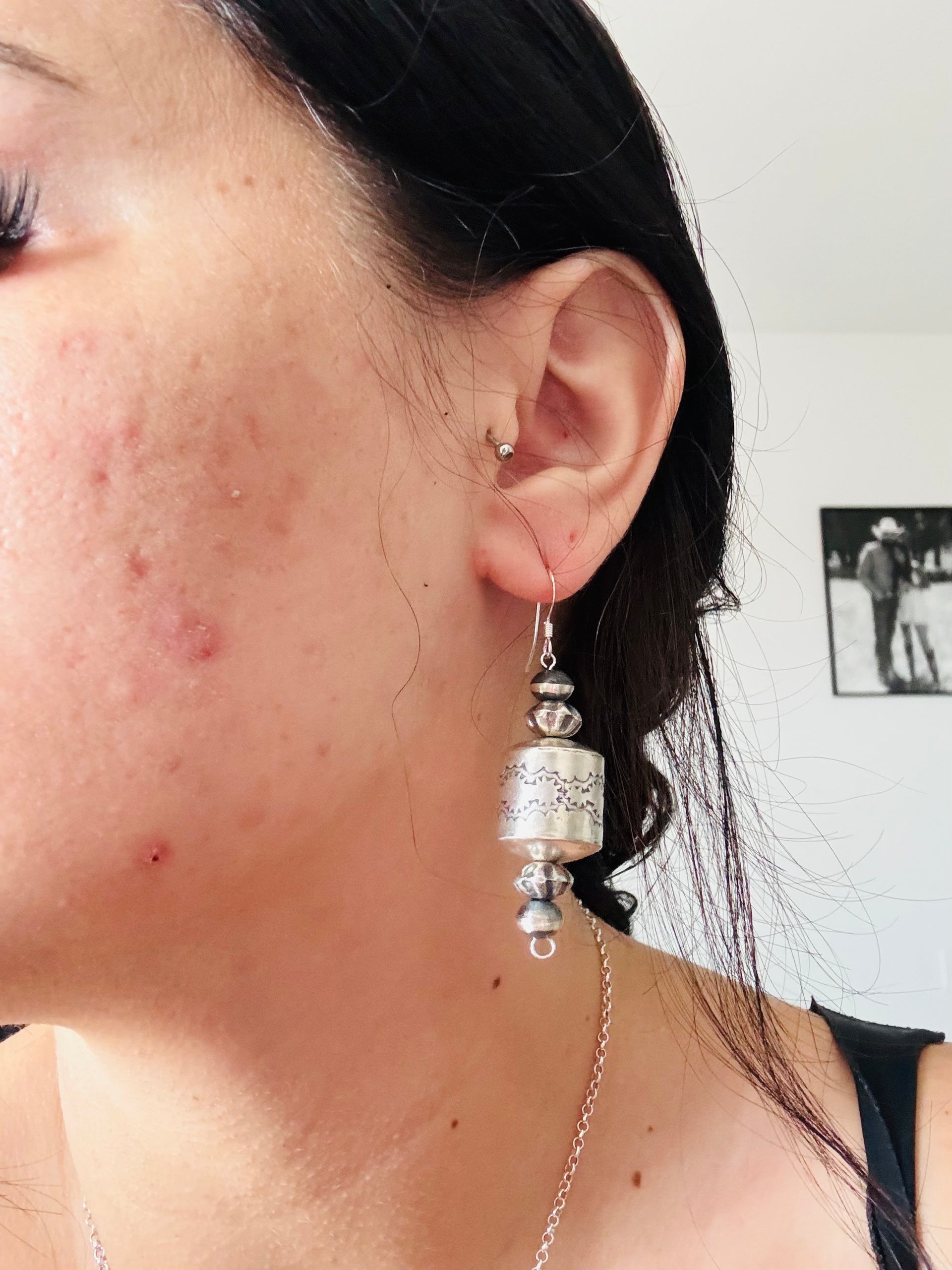 Navajo Strung Sterling Silver Barrel Pearls Dangle Earrings