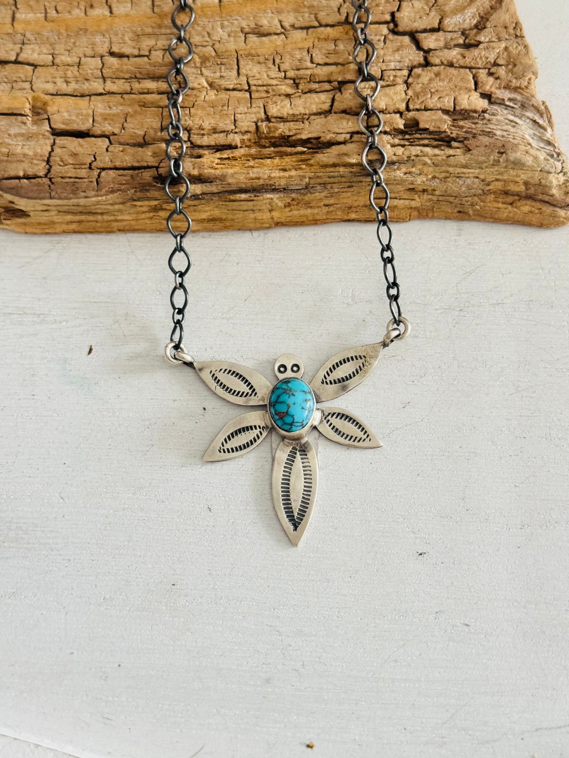 Navajo Made Egyptian Turquoise & Sterling Silver Dragonfly Necklace