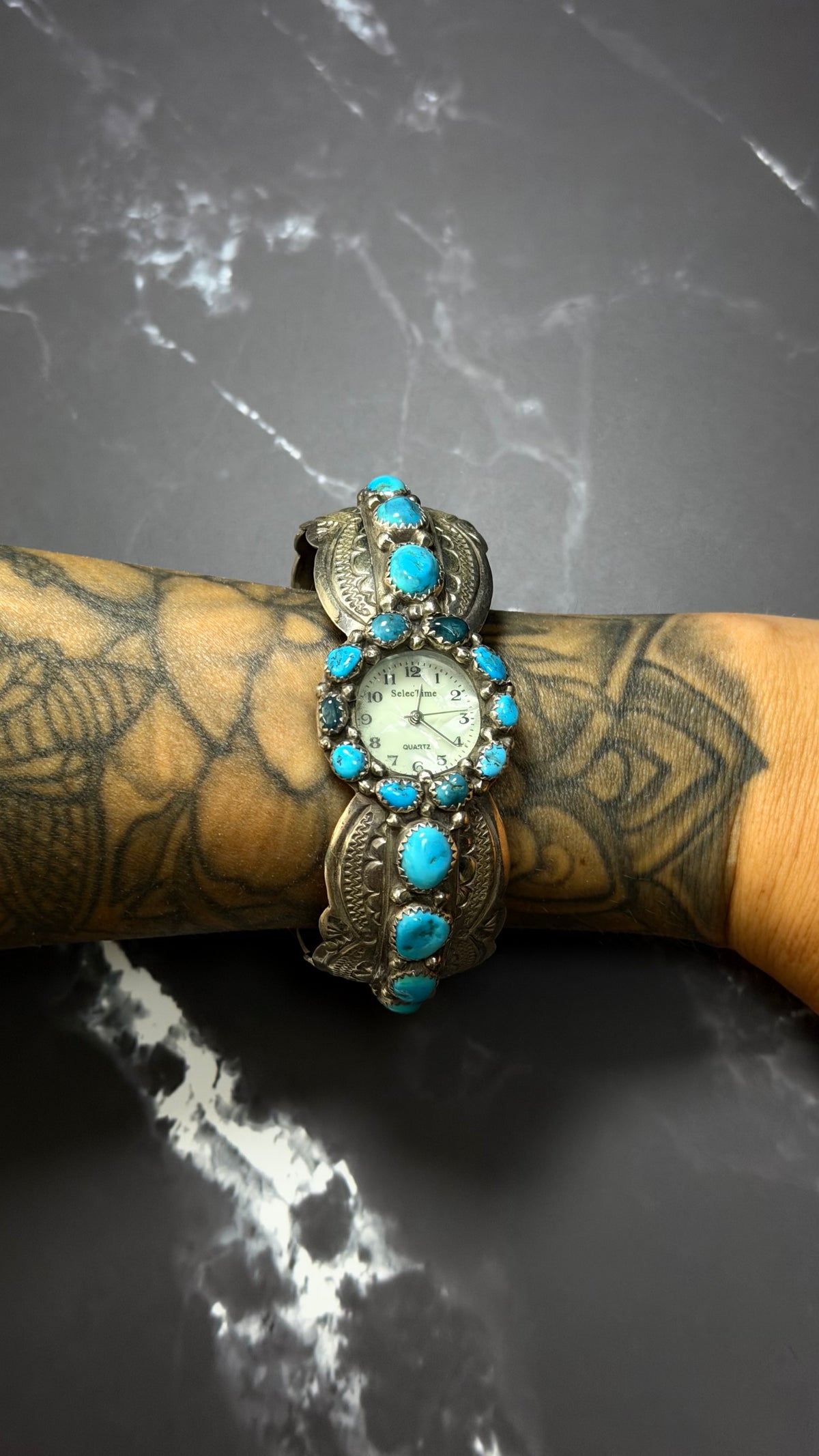 OLD PAWN Wilbert Benally Kingman Turquoise & Sterling Silver Cluster Watch Cuff Bracelet