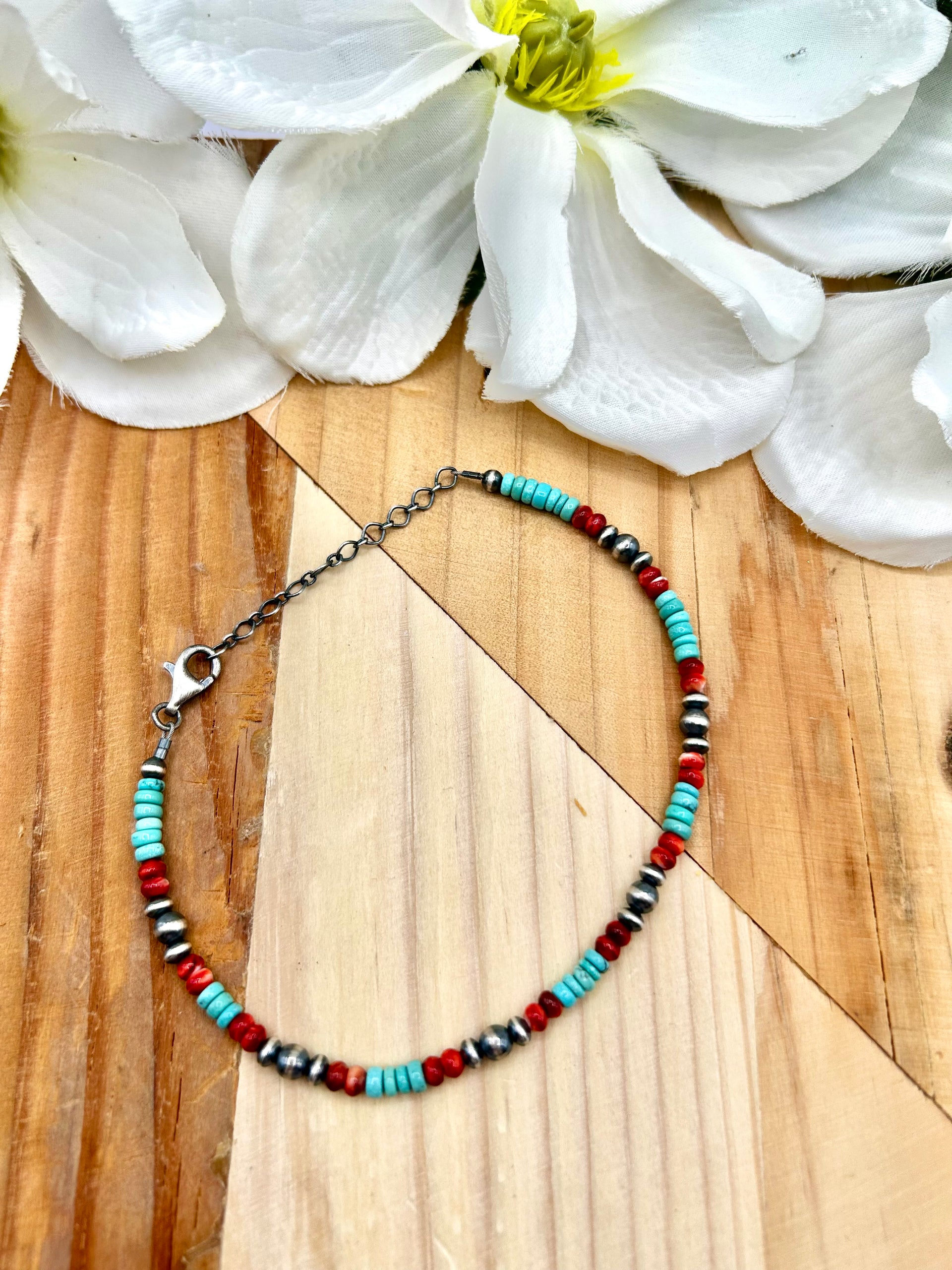 Navajo Made Multi Stone & Sterling Silver Strung Anklet