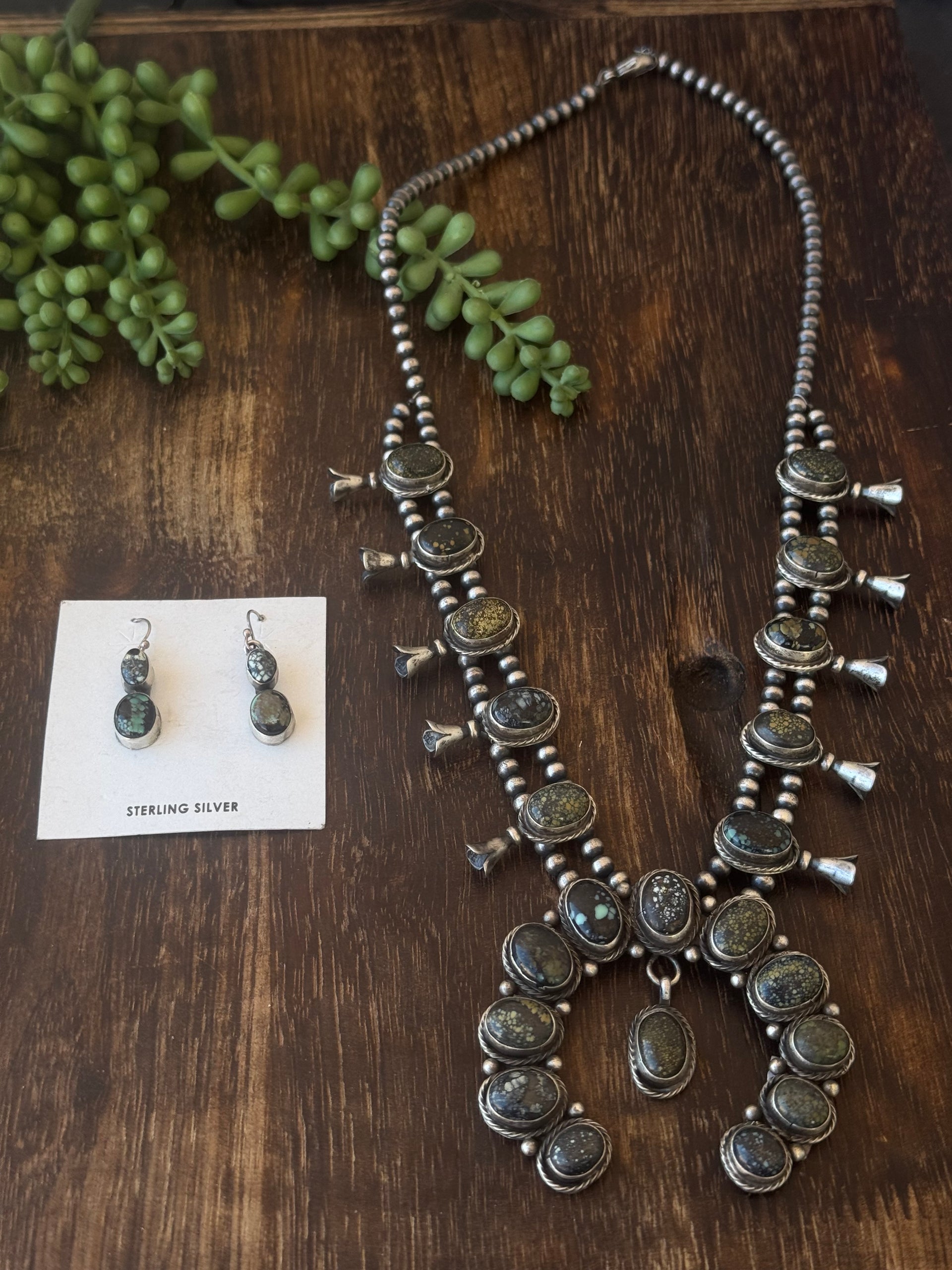 Navajo Made New Lander Variscite & Sterling Silver Squash Blossom Necklace Set.