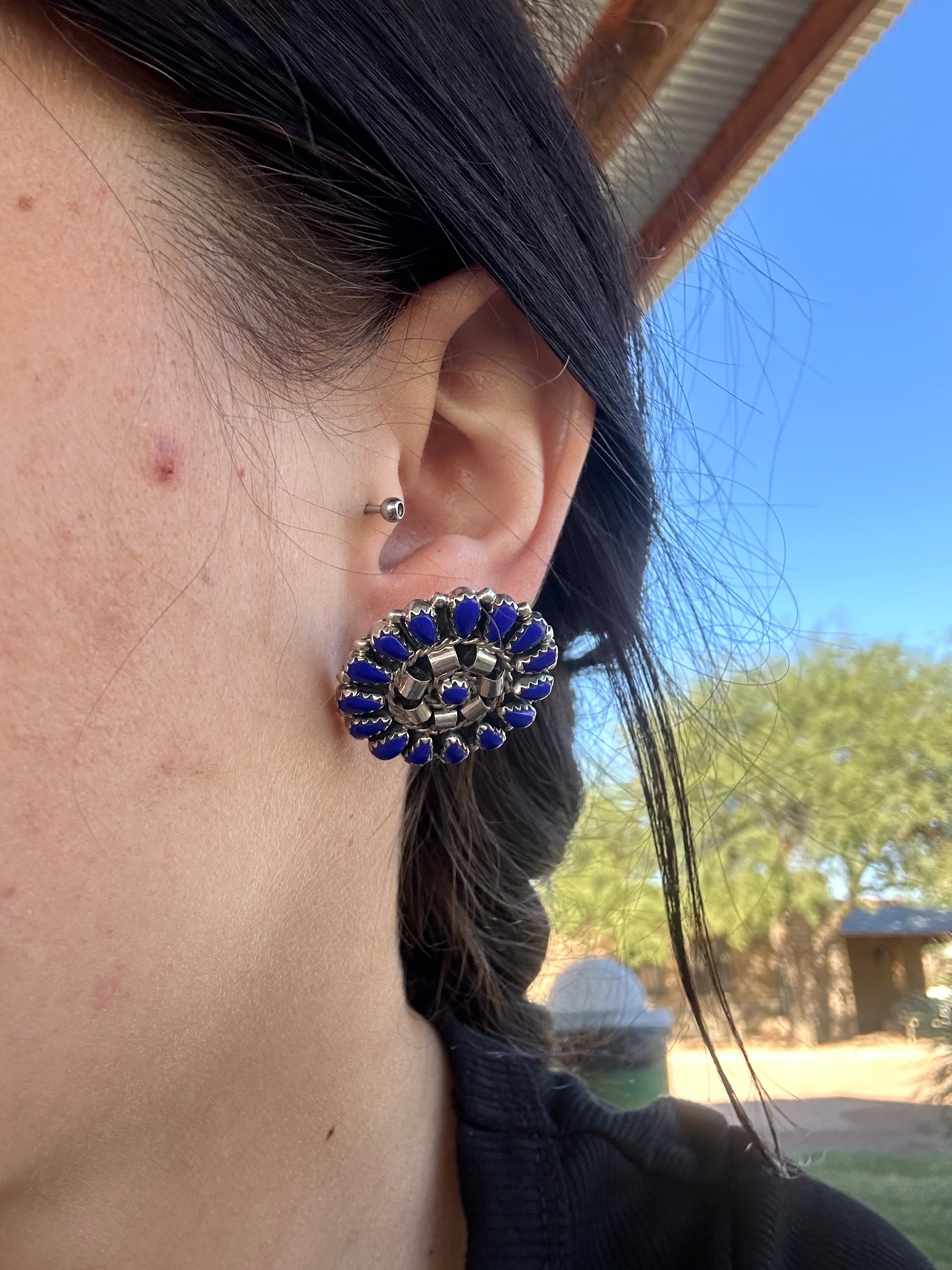 Navajo Handmade Lapis & Sterling Silver Post Cluster Earrings