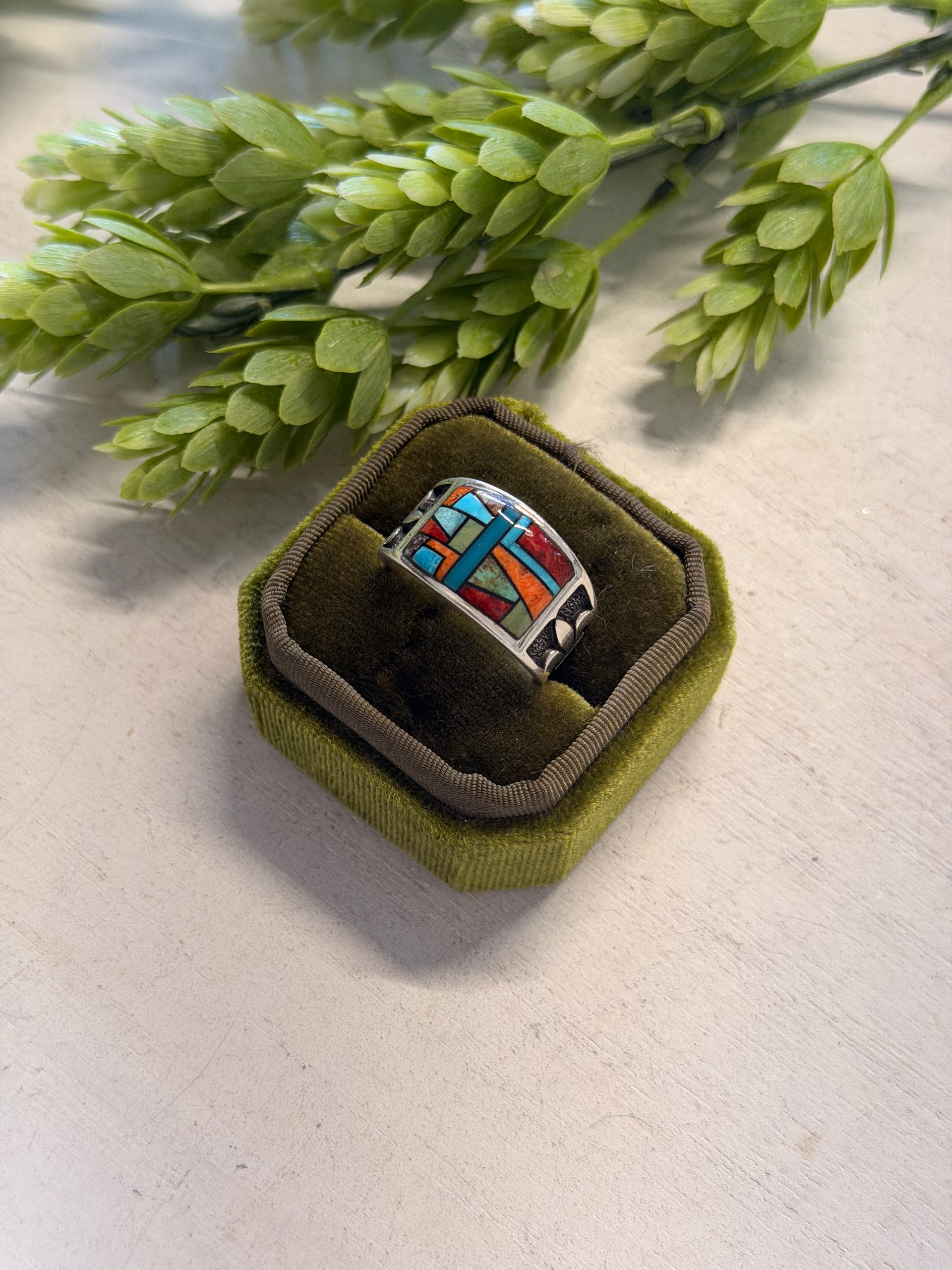 Navajo Made Multi Stone & Sterling Silver Inlay Ring Size 11