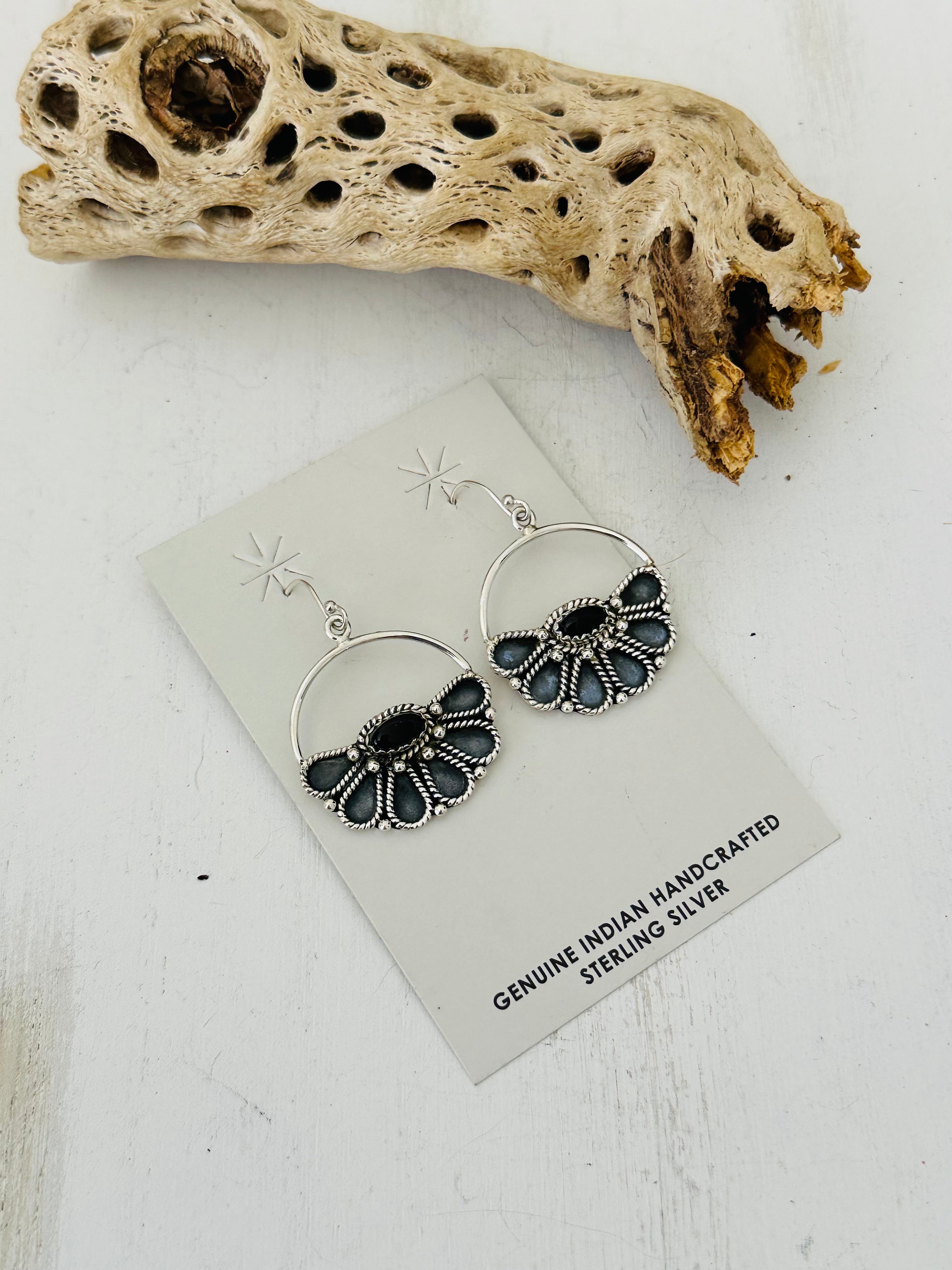 Southwest Handmade Onyx & Sterling Silver Half Flower Dangle Earrings