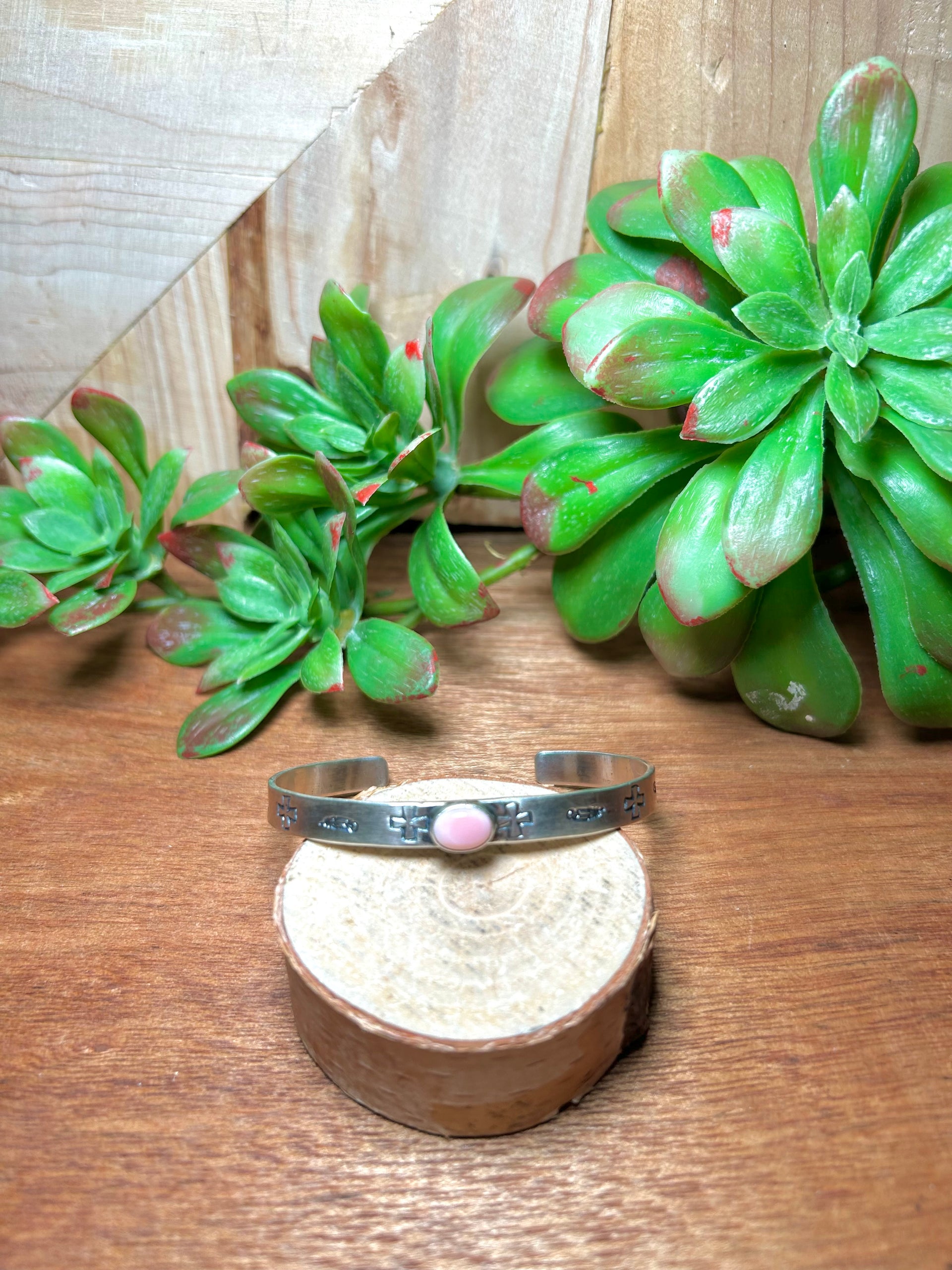 Navajo Made Pink Conch & Sterling Silver Cuff Bracelet