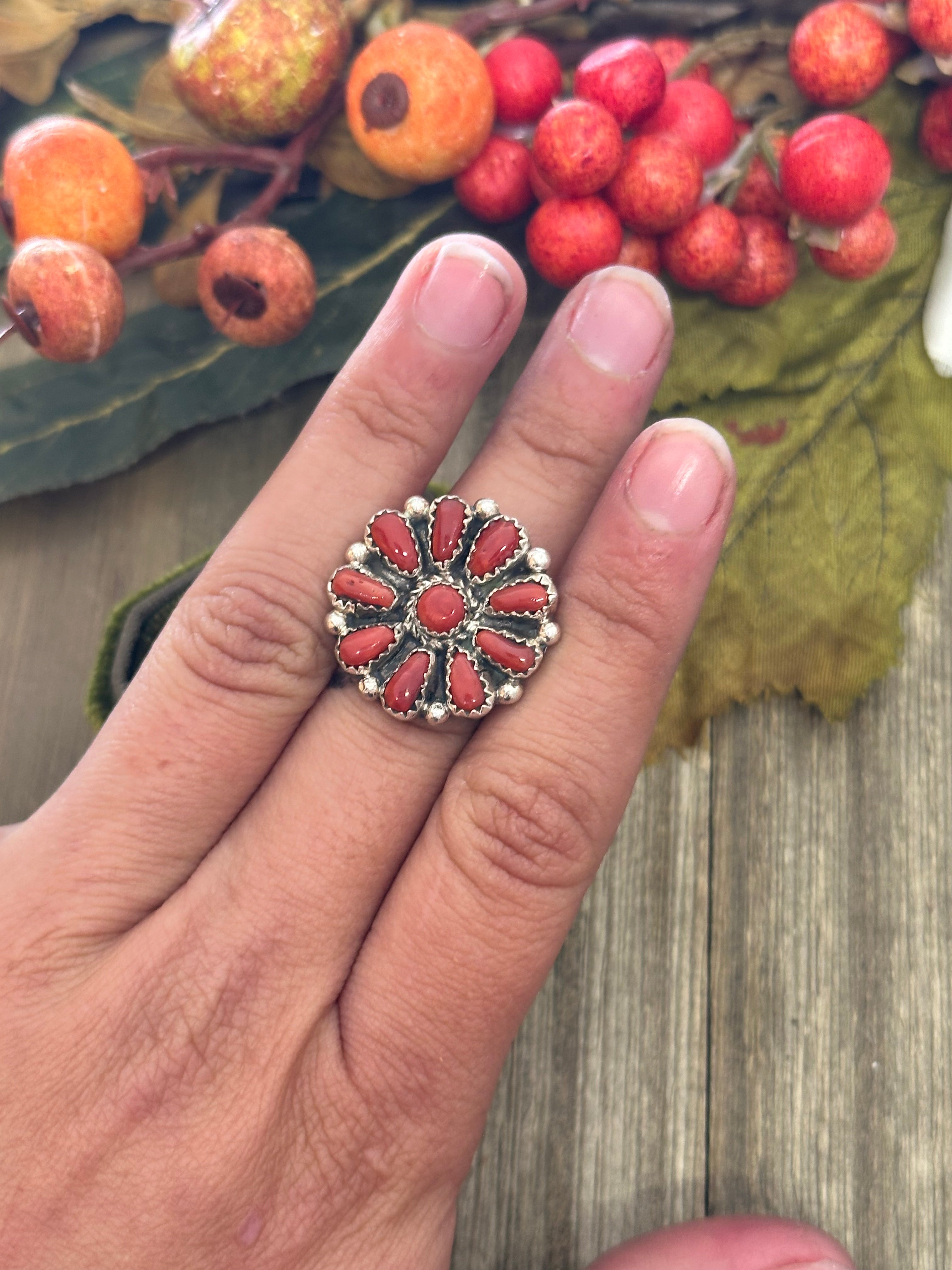 Zuni Made Red Coral & Sterling Silver Ring