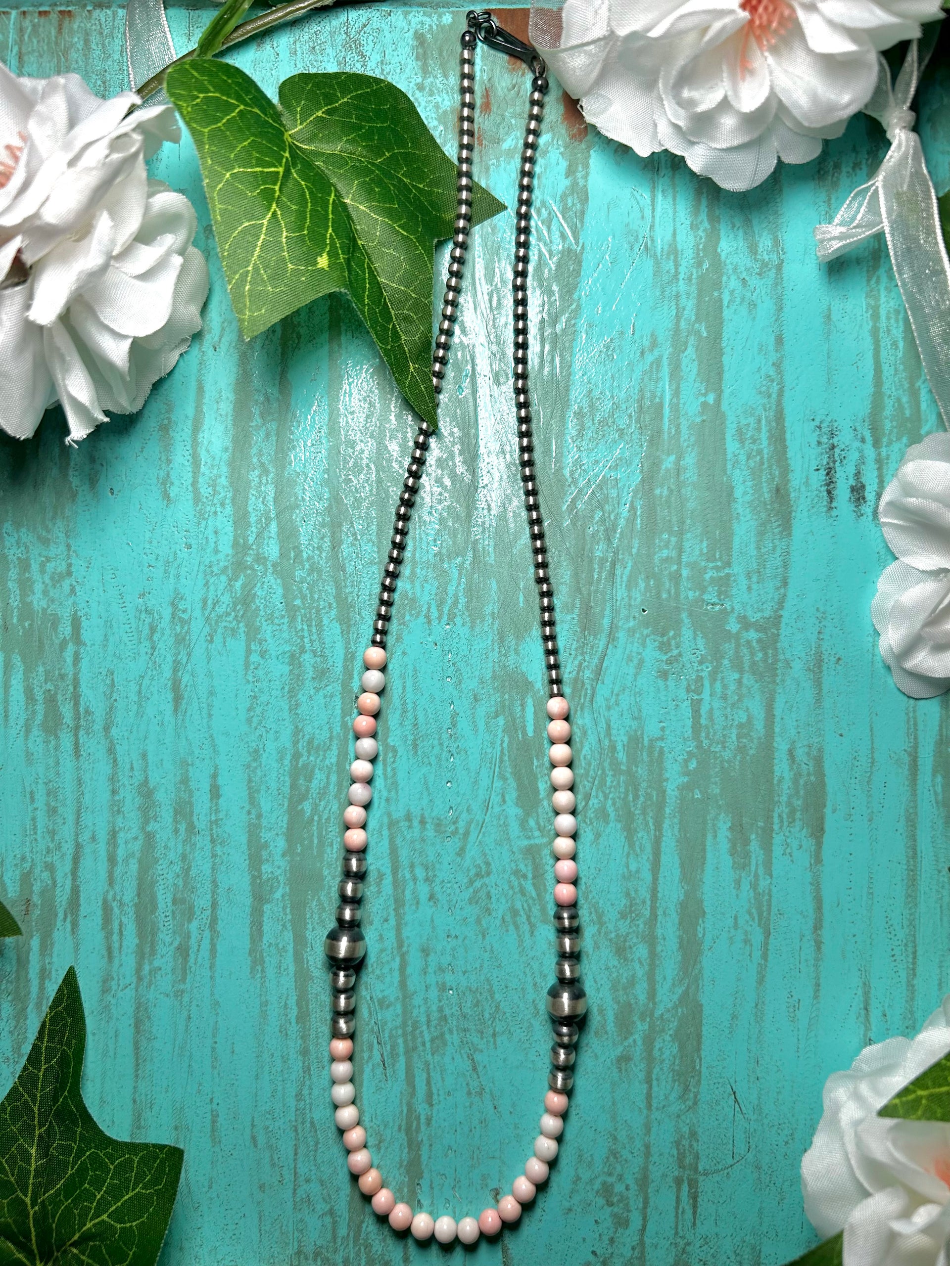 Navajo Made Strung Pink Conch  & Sterling Silver Necklace