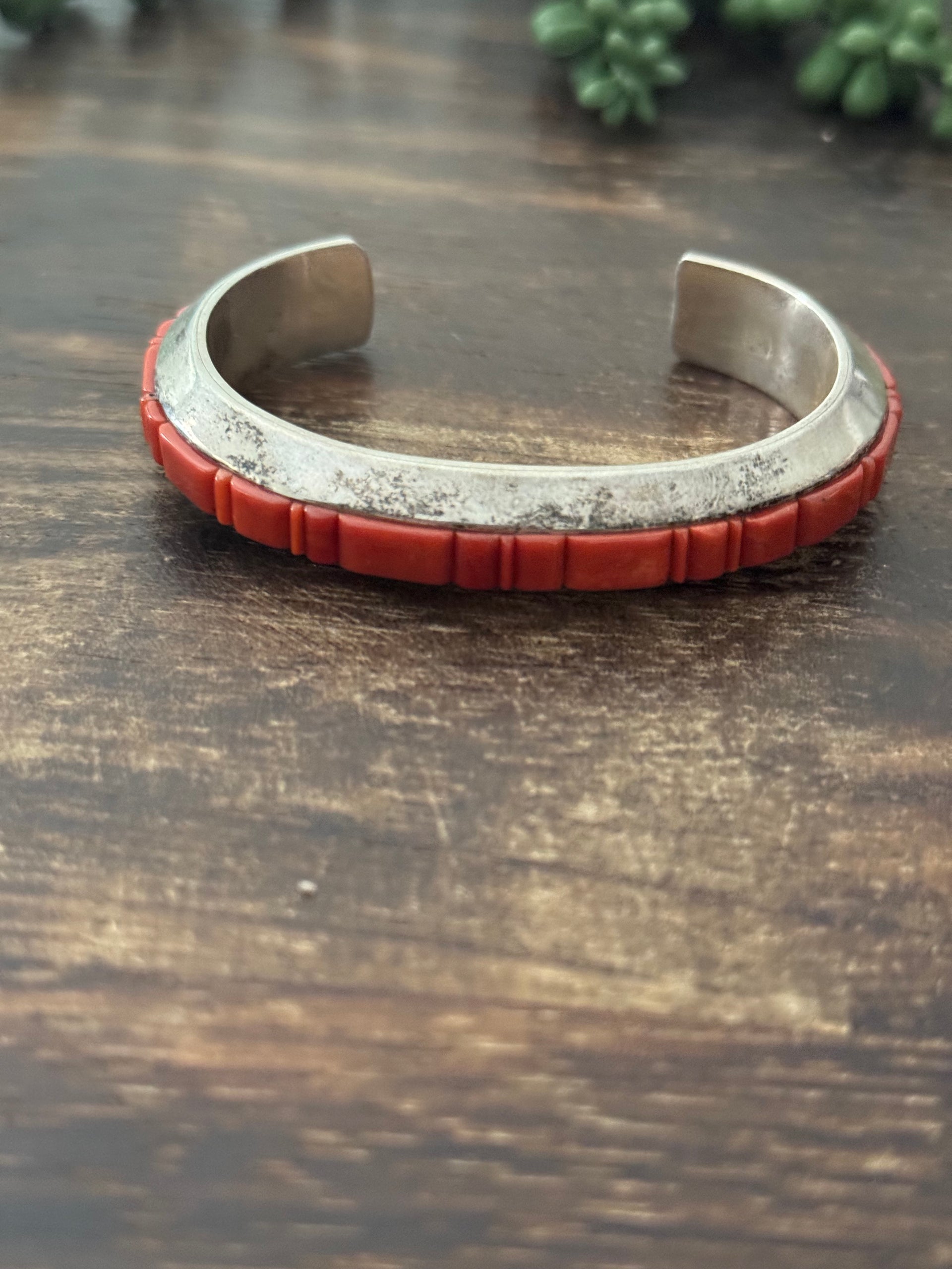 Old Pawn Thomas Francisco Vintage Navajo Made Coral & Sterling Silver Cobblestone Cuff Bracelet