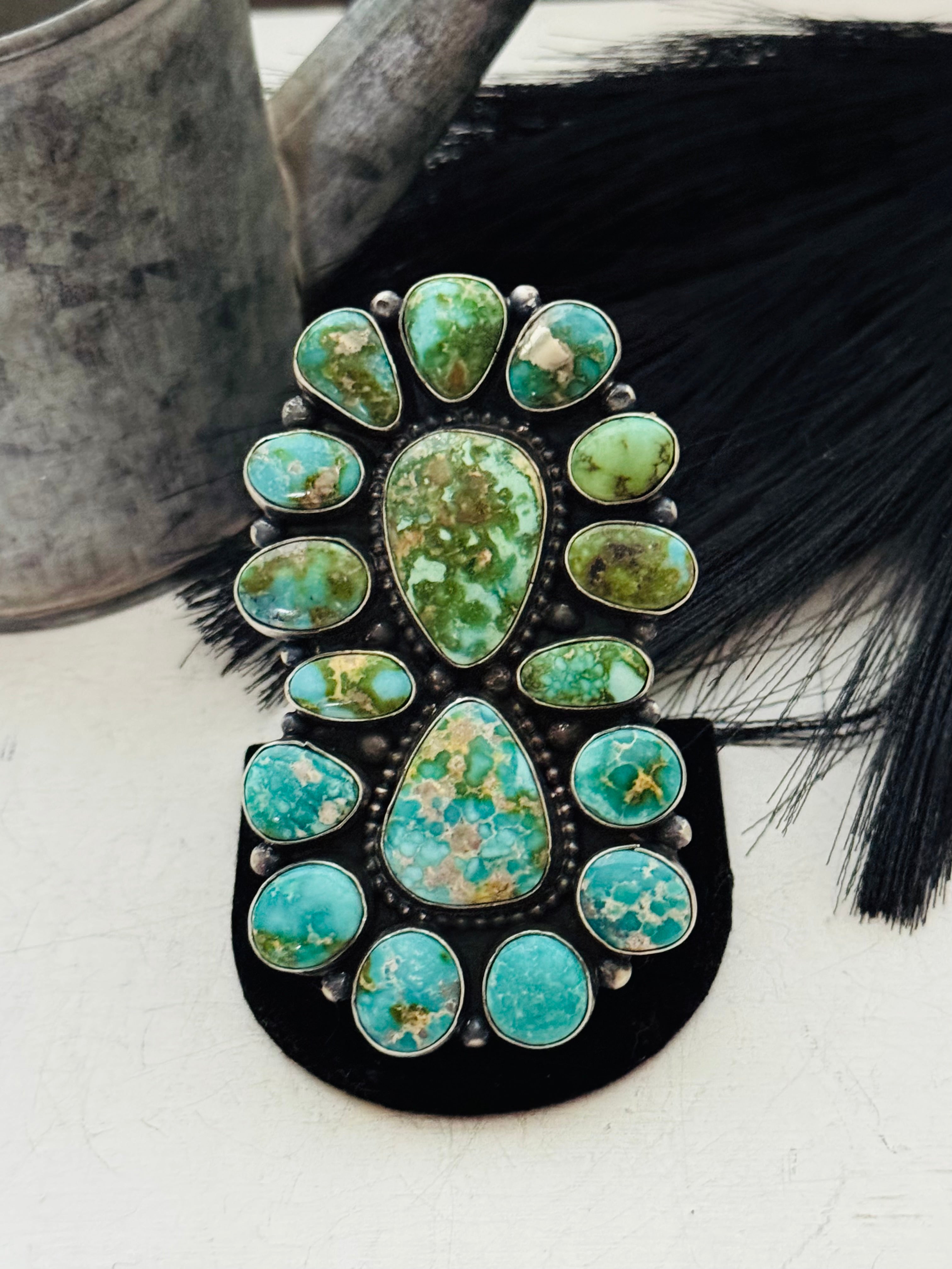 Navajo Handmade Sonoran Mountain Turquoise & Sterling Silver Cluster Ring Size 8