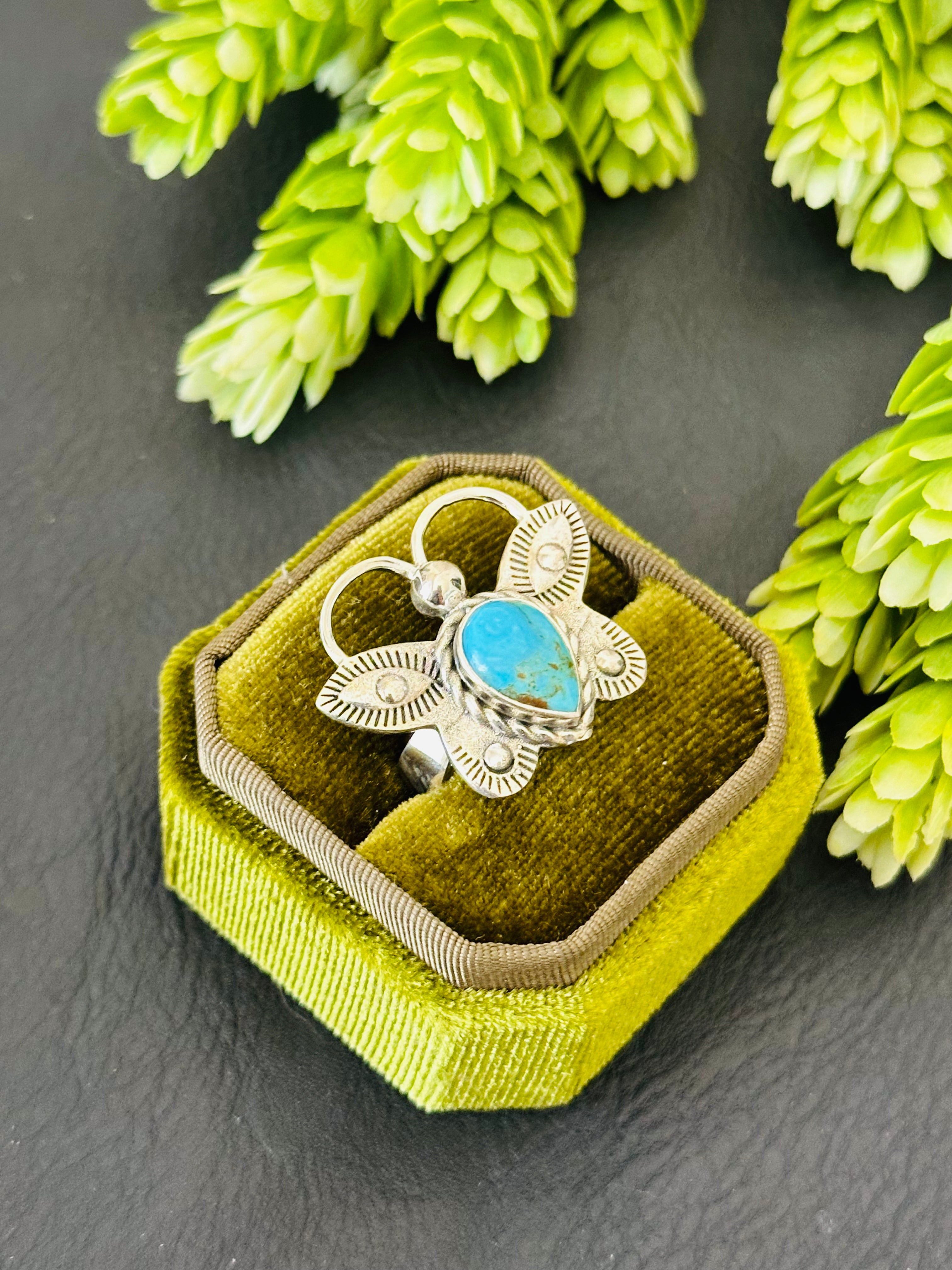 Southwest Handmade Kingman Turquoise & Sterling Silver Adjustable Butterfly Ring