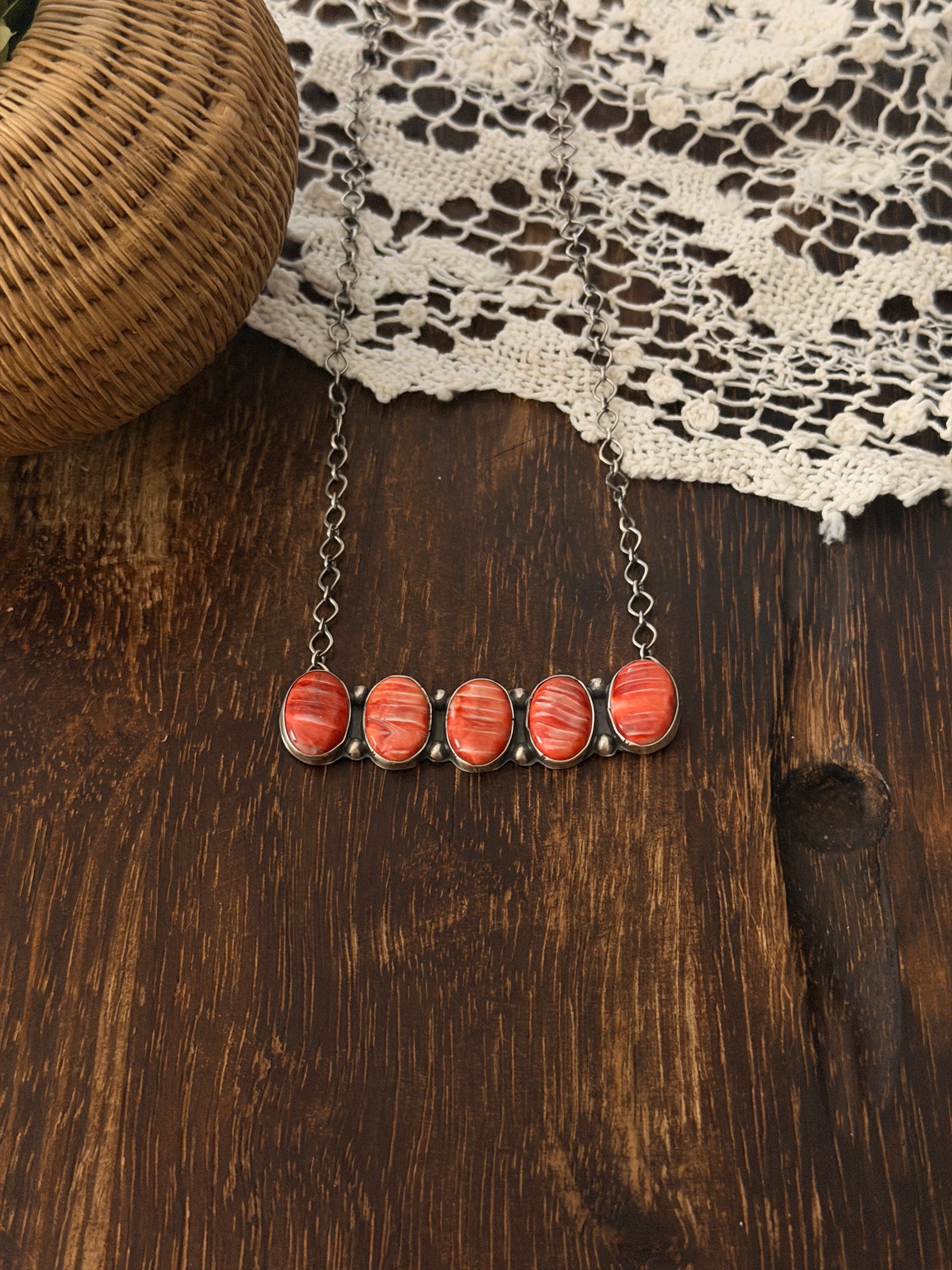 Sheila Tso Red Spiny Oyster & Sterling Silver Bar Necklace
