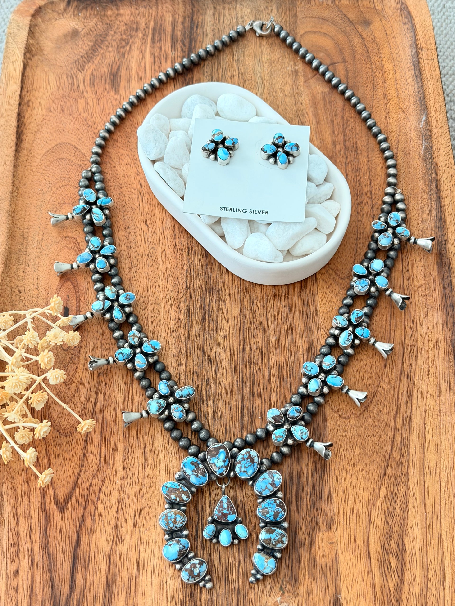 Travis Jim Golden Hills Turquoise & Sterling Silver Cluster Squash Blossom Necklace Set