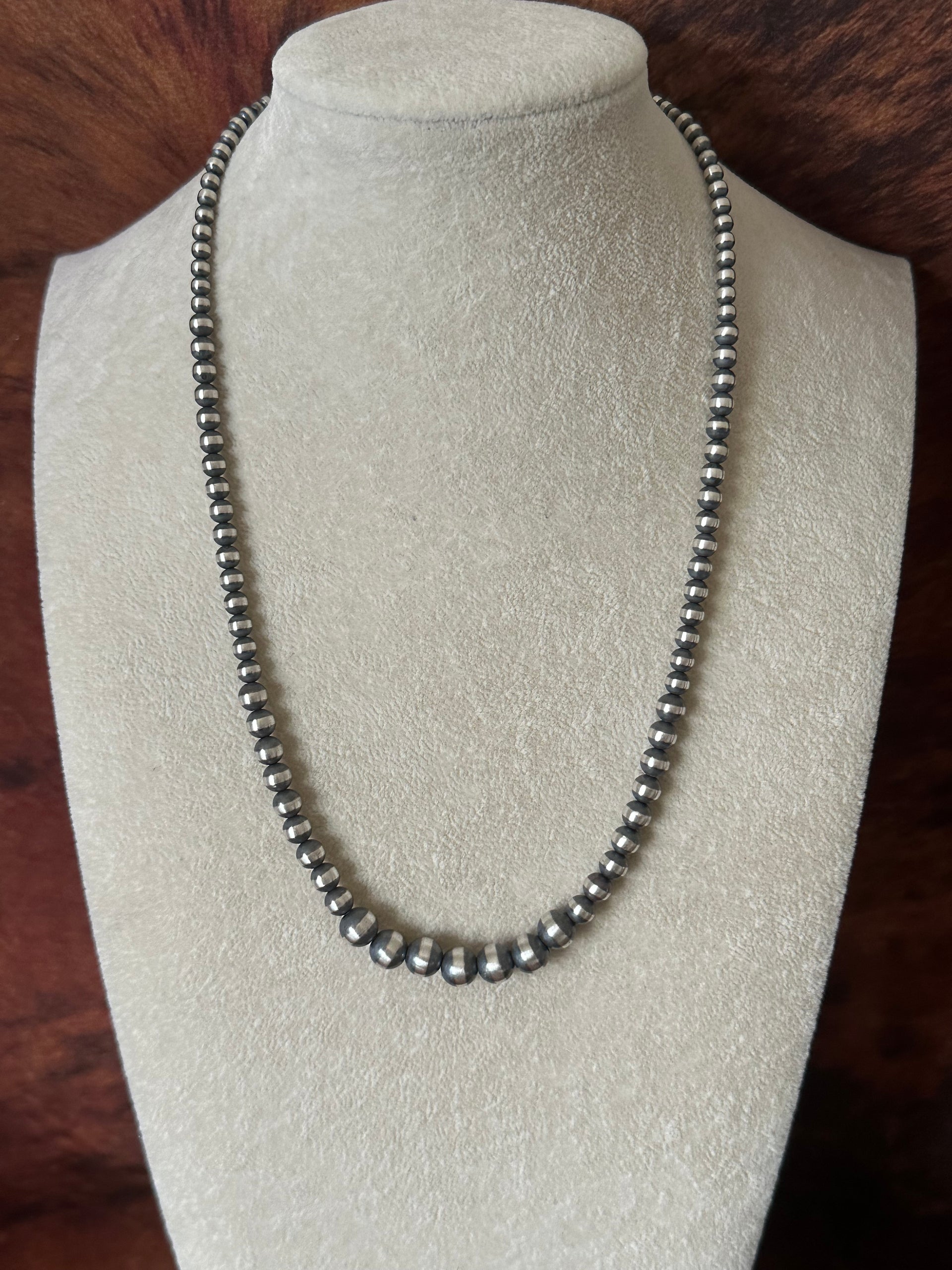 Navajo Strung 3 MM-8 MM Graduated Sterling Silver Pearls Beaded Necklace