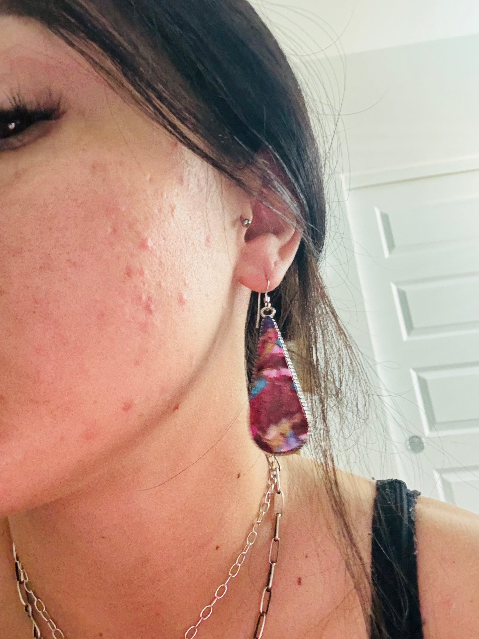 Navajo Made Pink Mohave Turquoise & Sterling Silver Dangle Earrings
