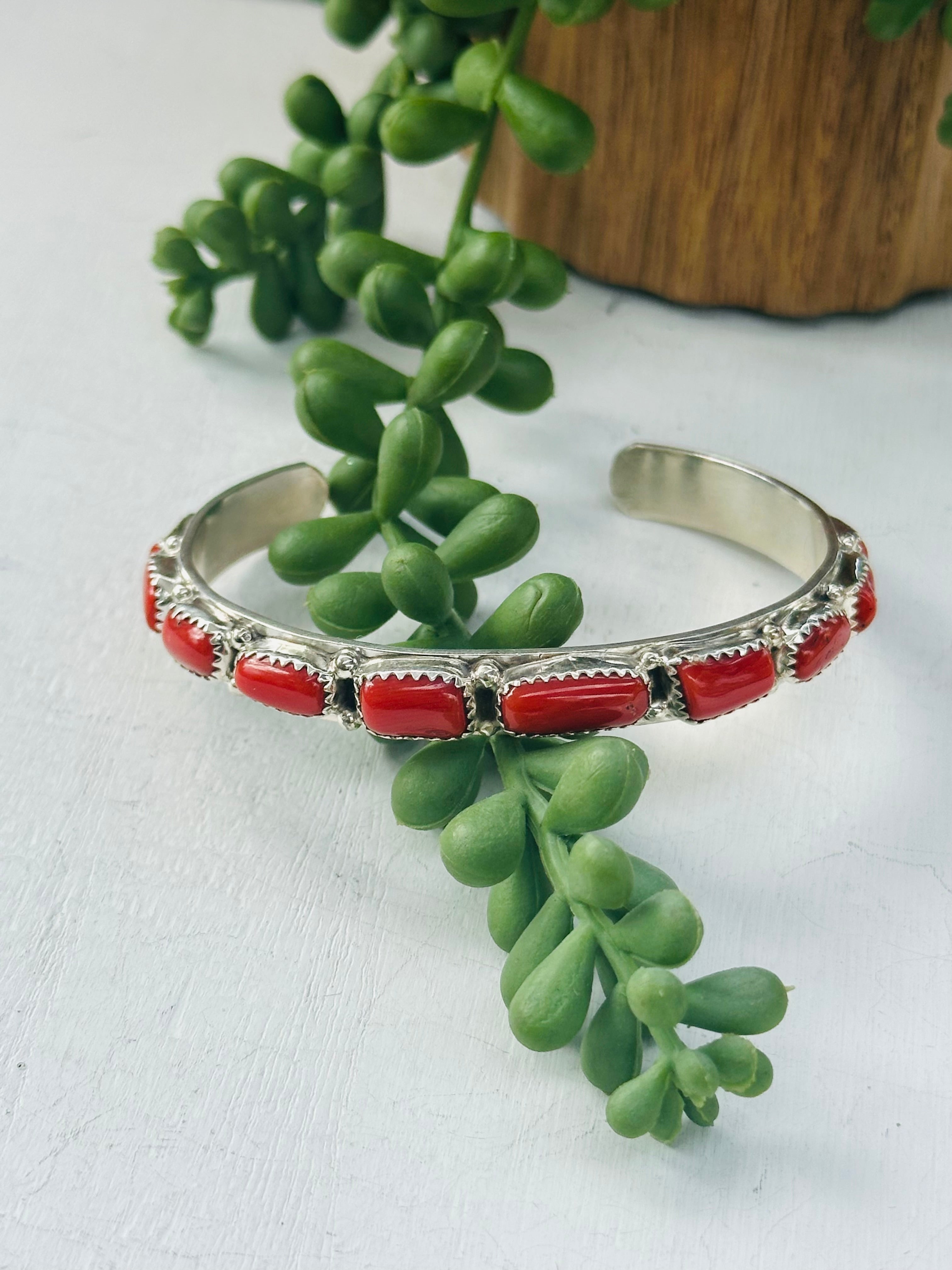 Annie Spencer Red Coral & Sterling Silver Cuff Bracelet