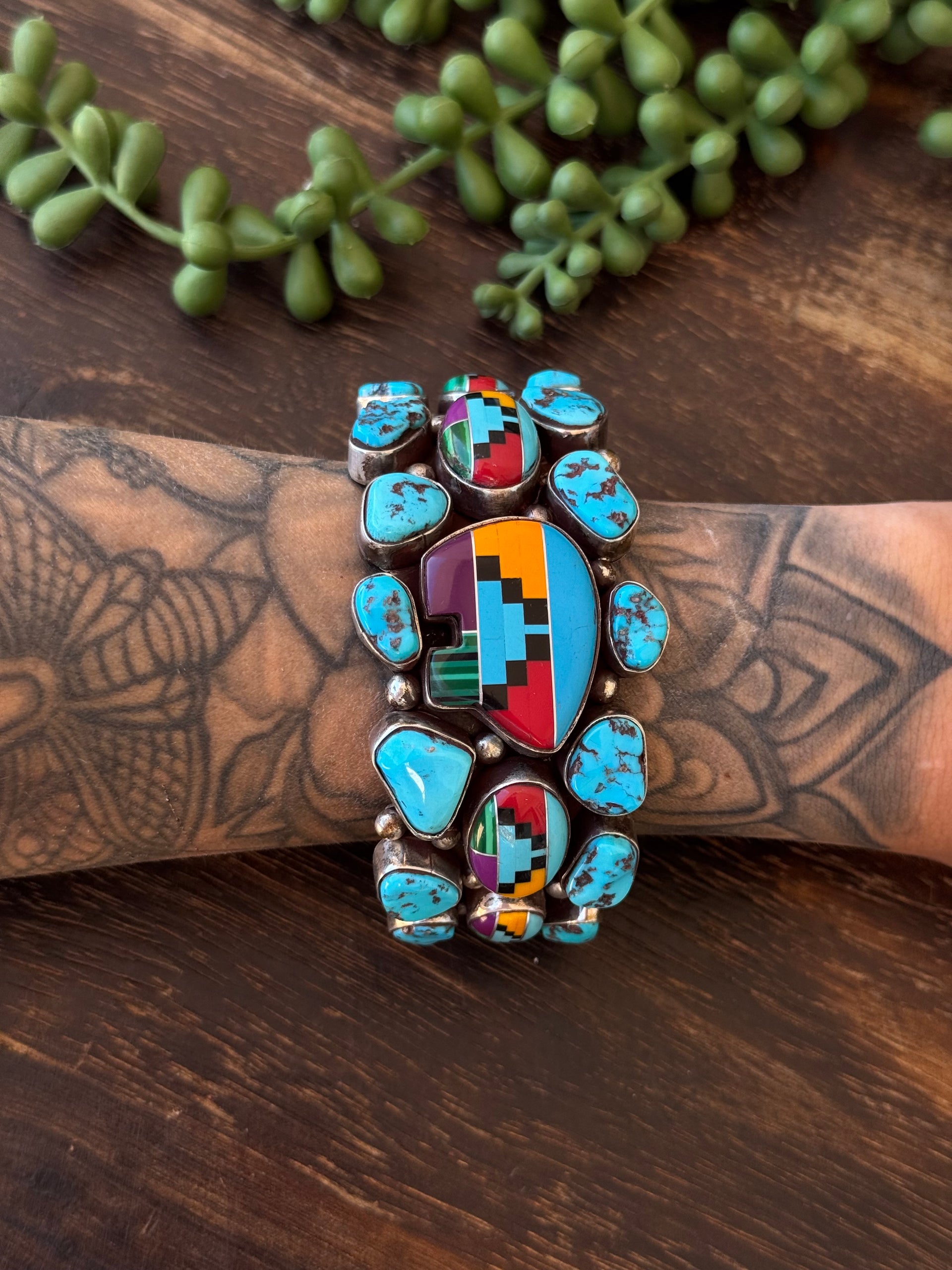 Vintage Jack Bly Multi Stone & Sterling Silver Inlay Cuff Bracelet