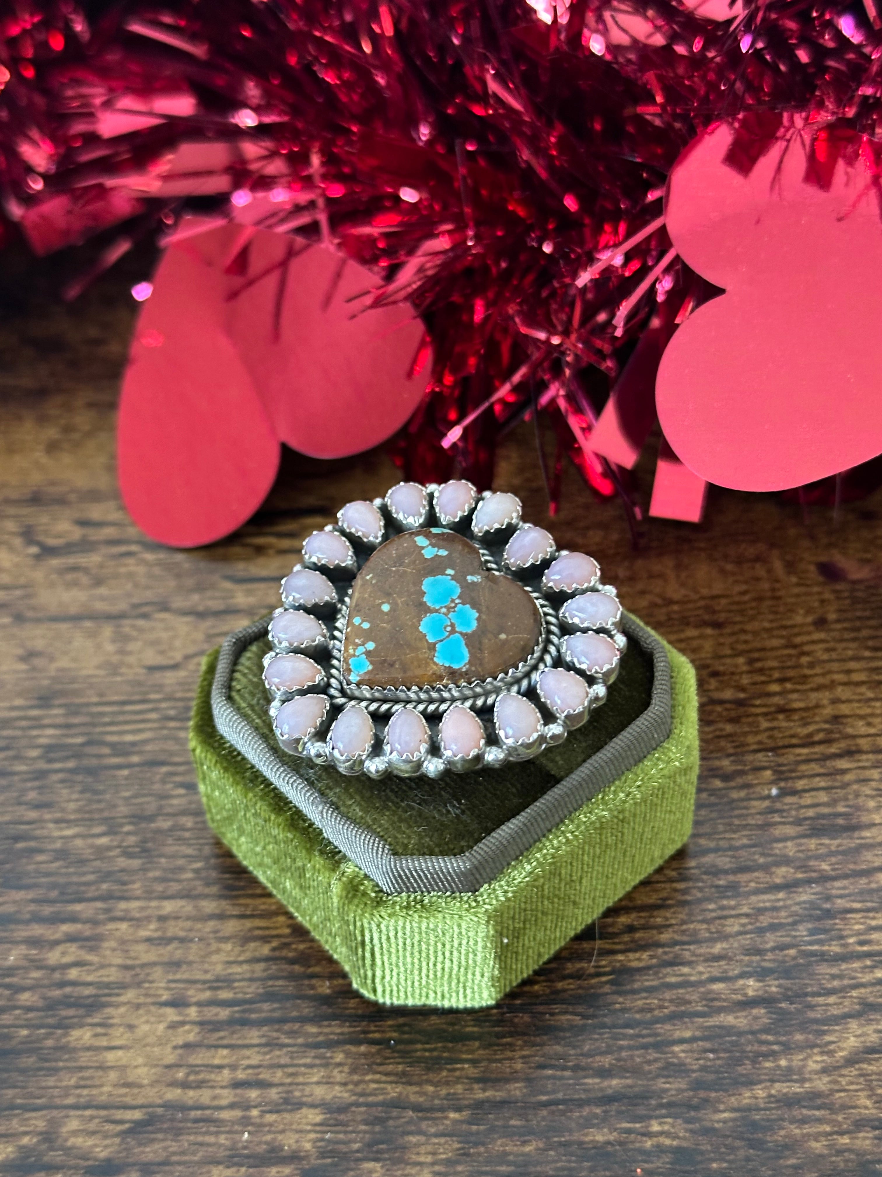 Southwest Handmade Multi Stone & Sterling Silver Cluster Adjustable Heart Ring