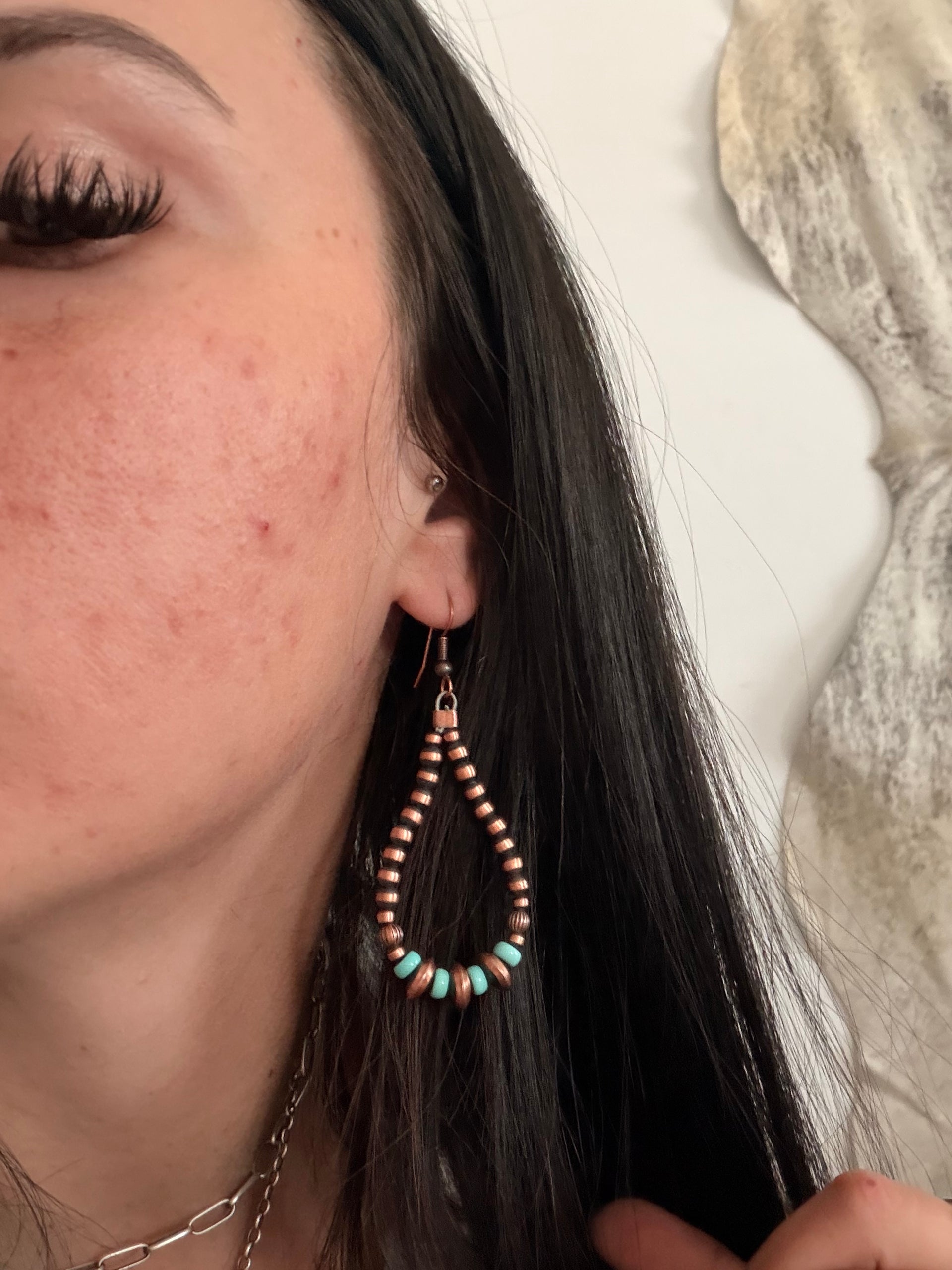 Navajo Strung Campitos Turquoise & Copper Graduated Machine Made Pearls Dangle Earrings