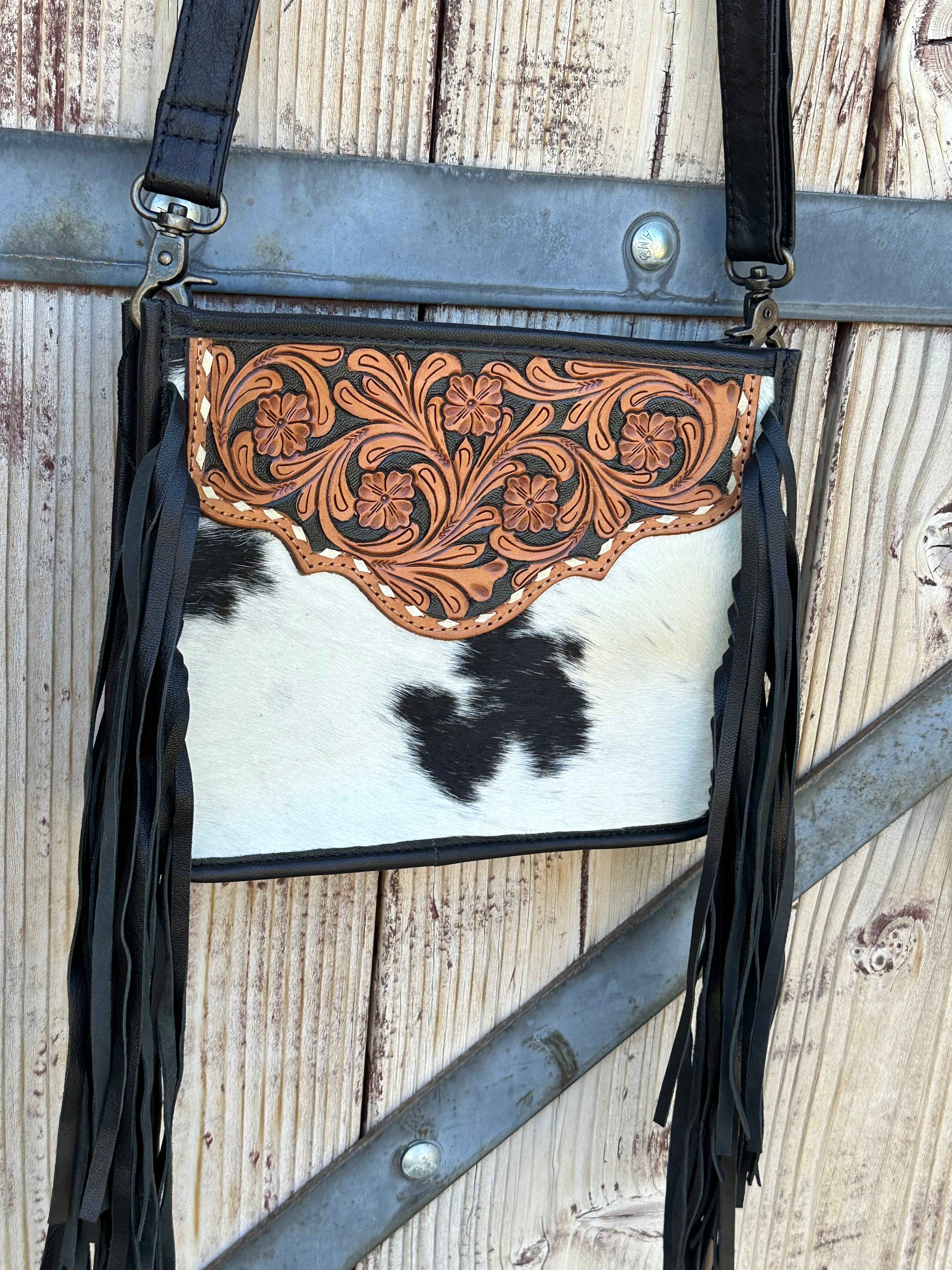 Genuine Tooled Leather & Cowhide Fringe Purse