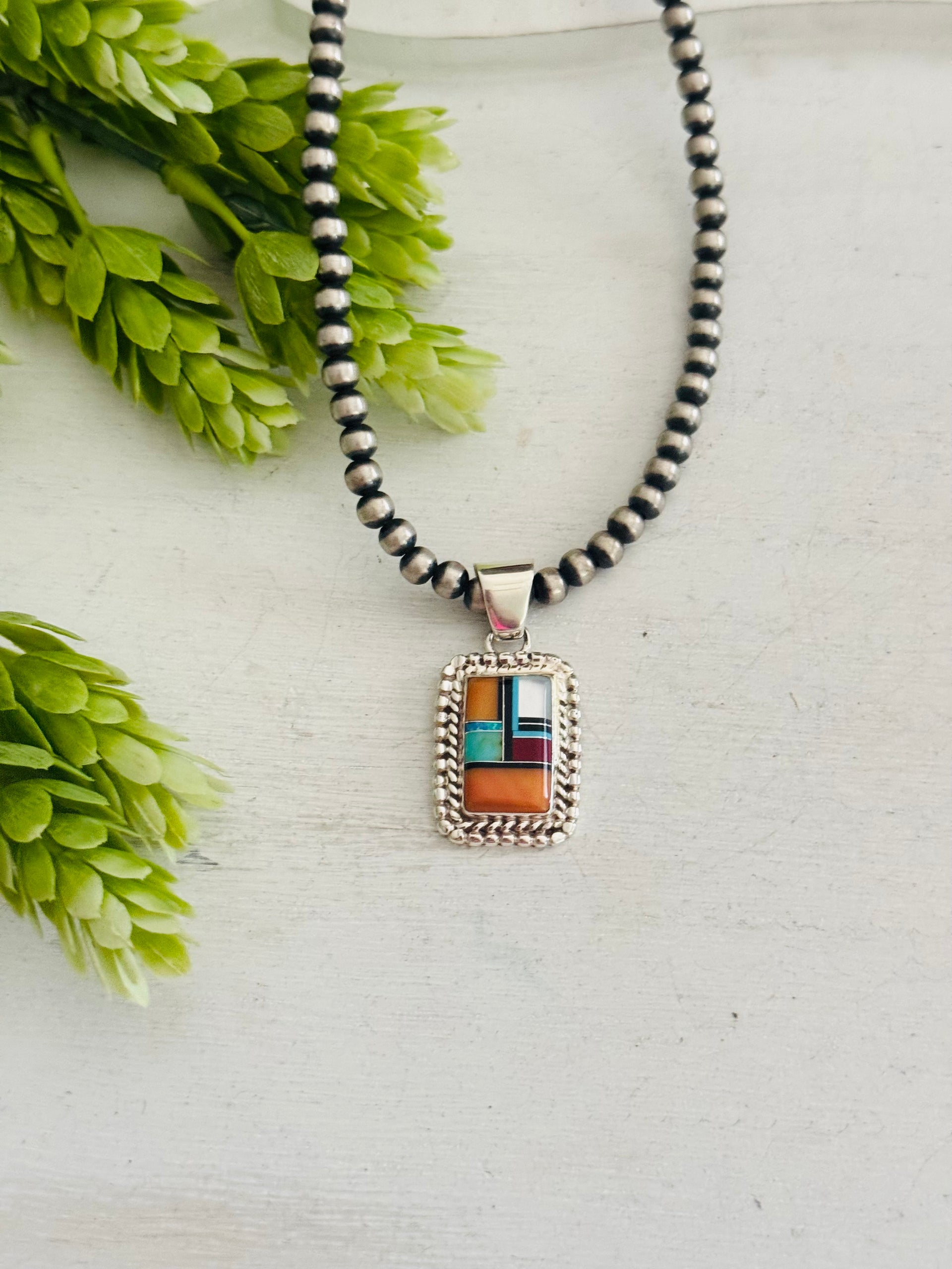 Southwest Multi Stone & Sterling Silver Cobblestone Pendant