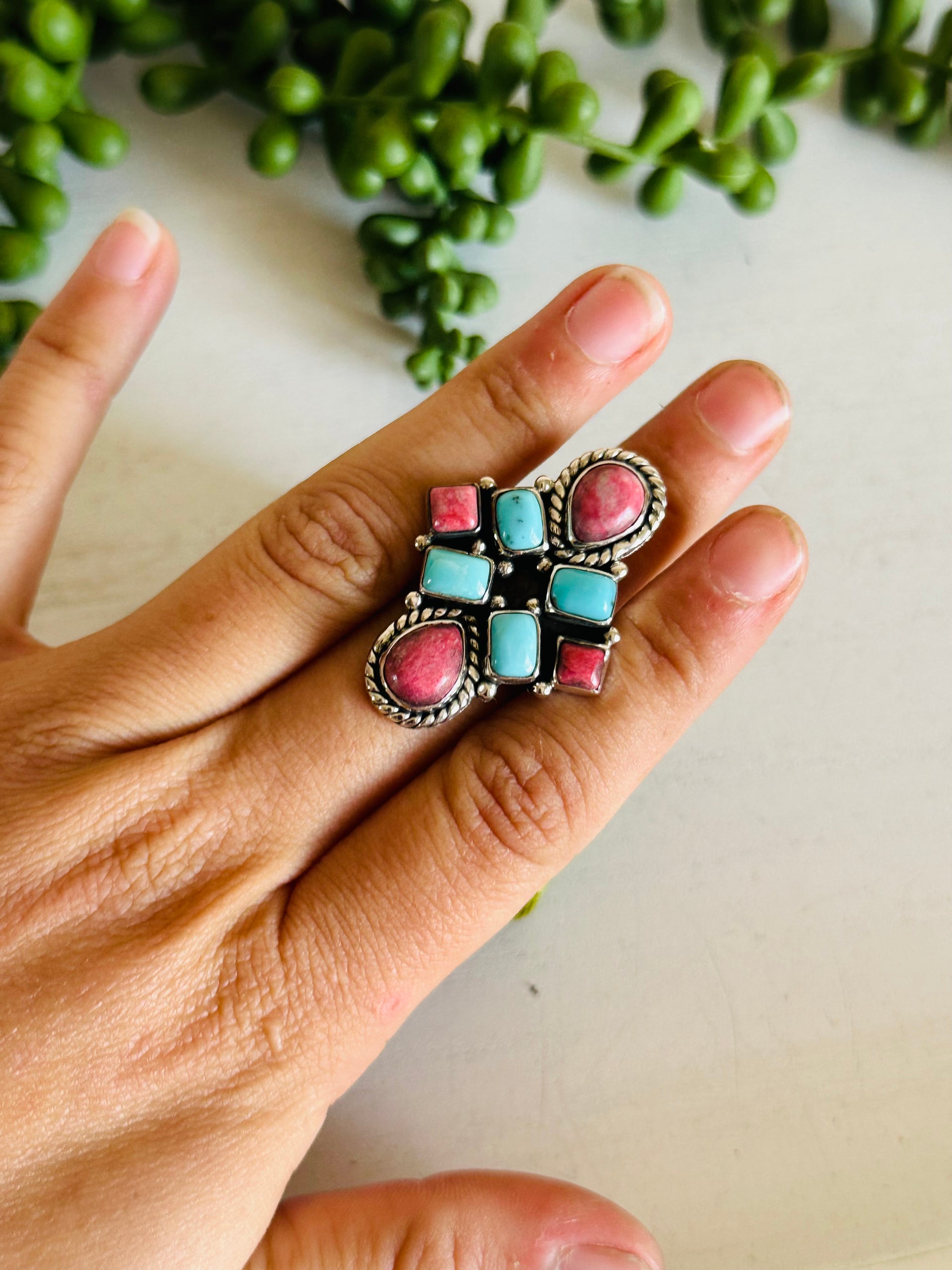 Southwest Handmade Multi Stone & Sterling Silver Adjustable Cluster Ring