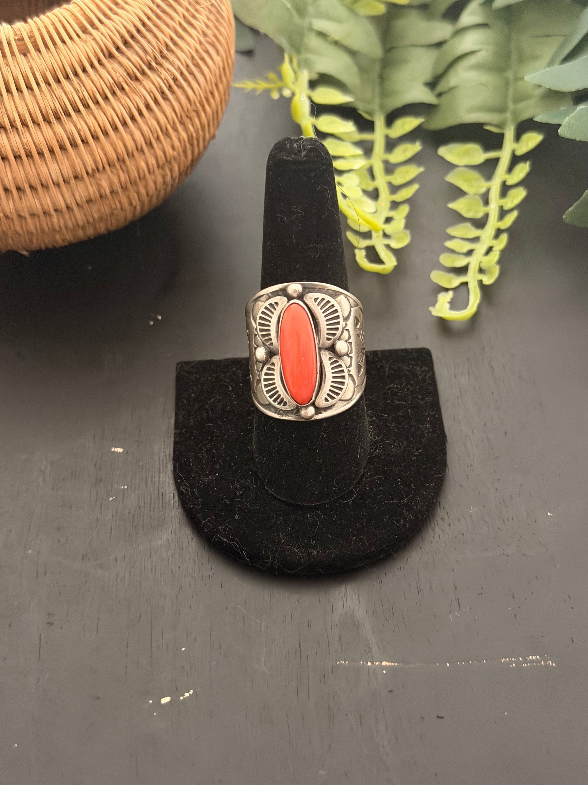 Navajo Made Red Coral & Sterling Silver Ring Size 9.5