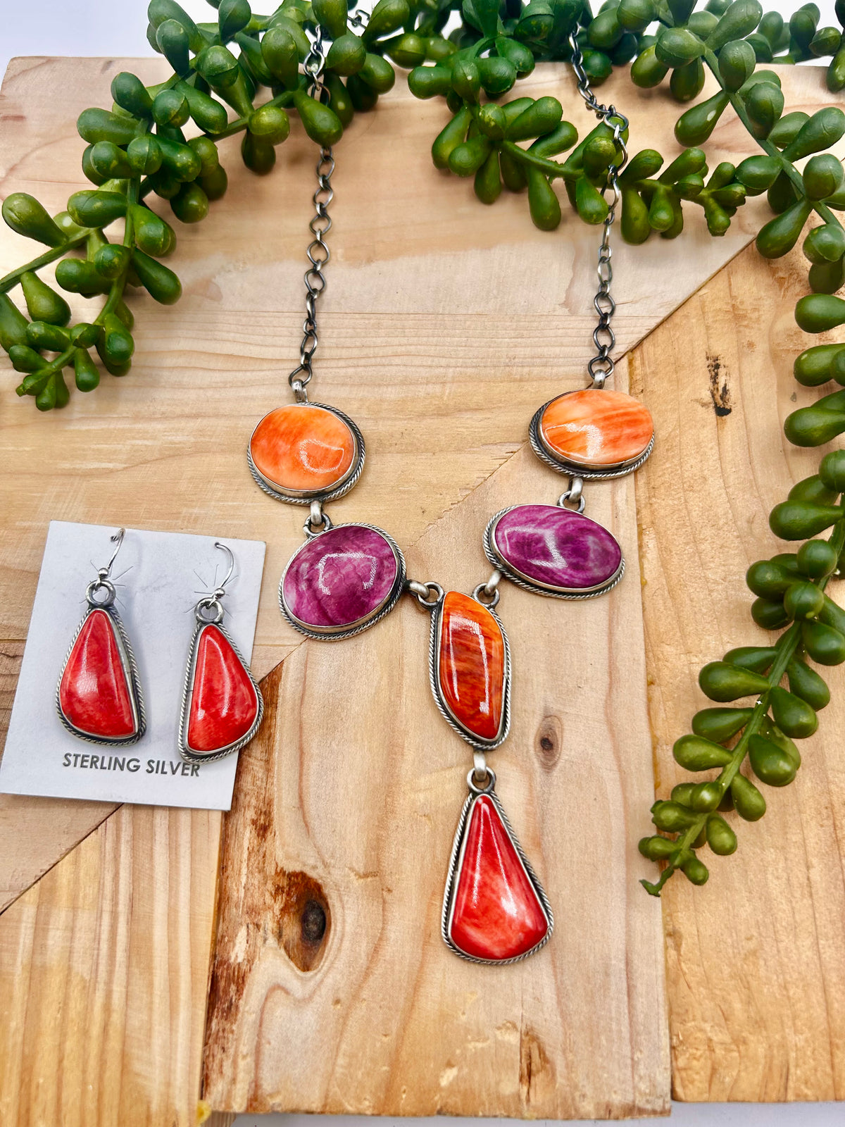 Navajo Made Spiny Oyster & Sterling Silver Necklace Set
