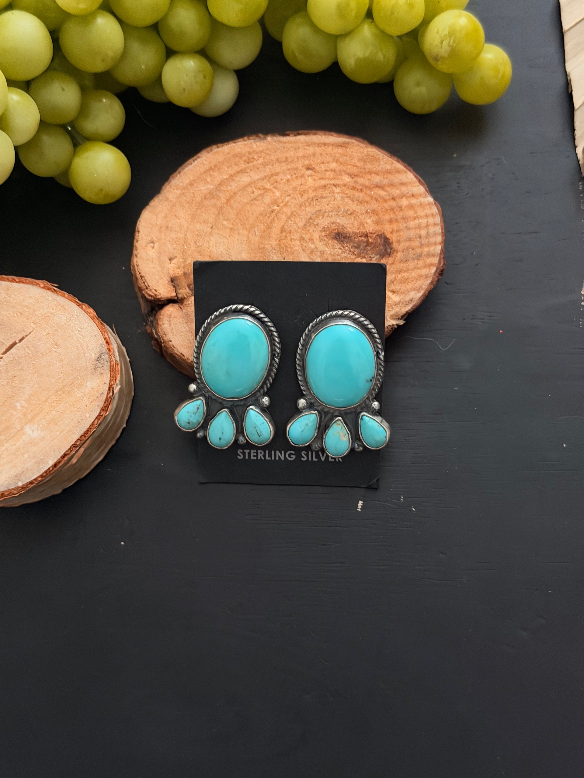 Navajo Made Kingman Turquoise & Sterling Silver Post Dangle Cluster Earrings