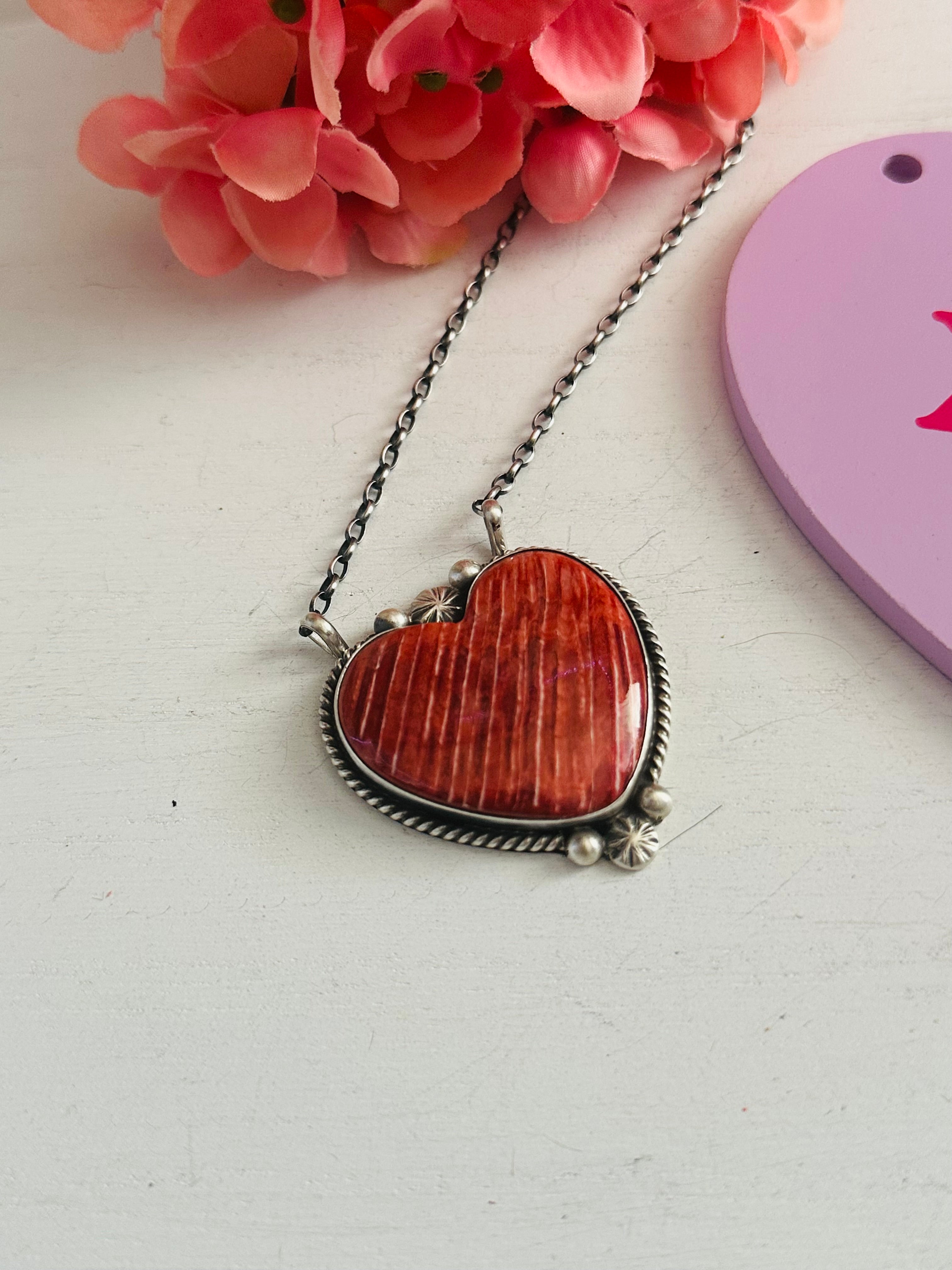 Alfred Martinez Red Spiny Oyster & Sterling Silver Heart Necklace