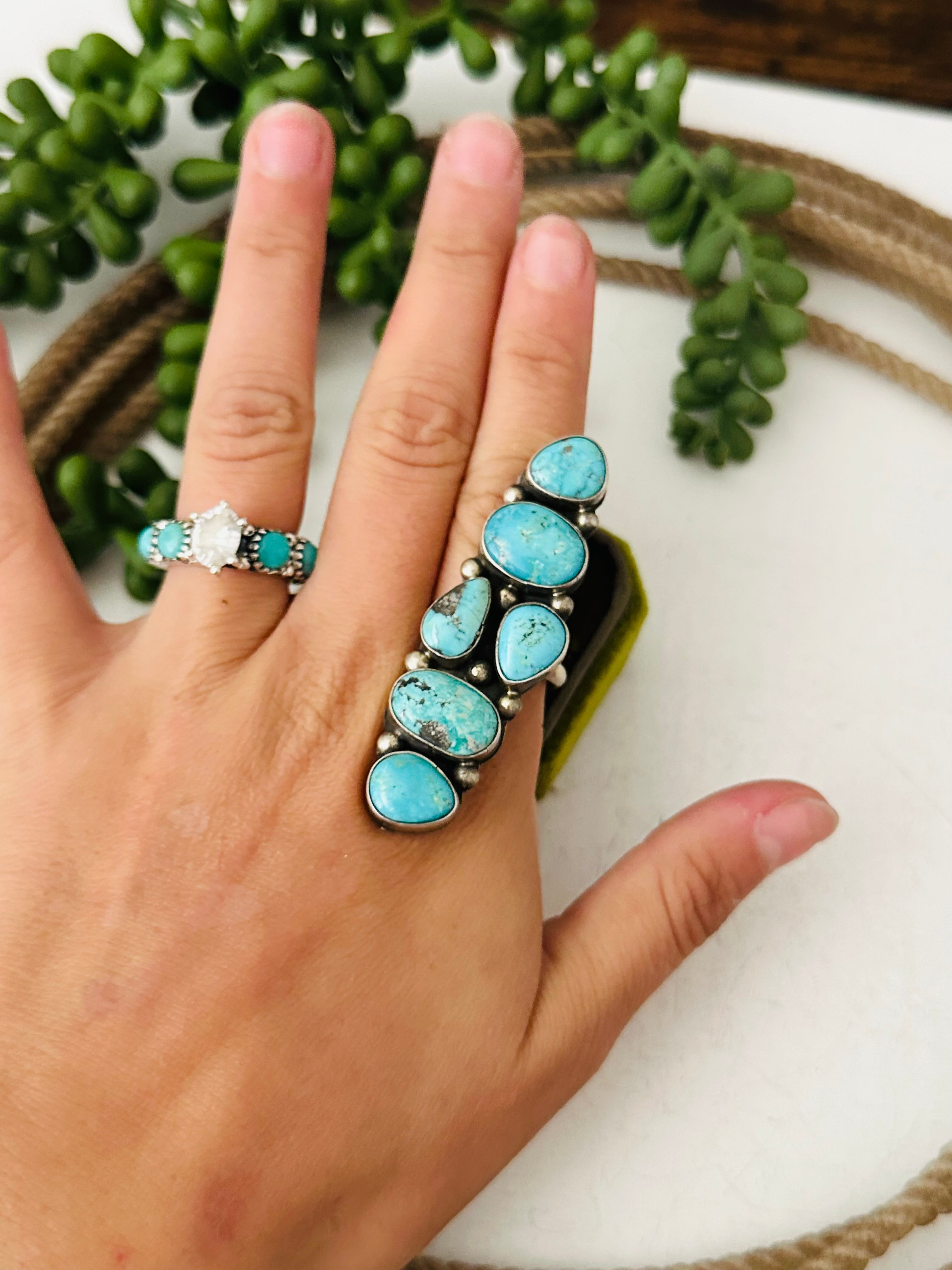 Sheila Becenti White Water Turquoise & Sterling Silver Adjustable Cluster Ring