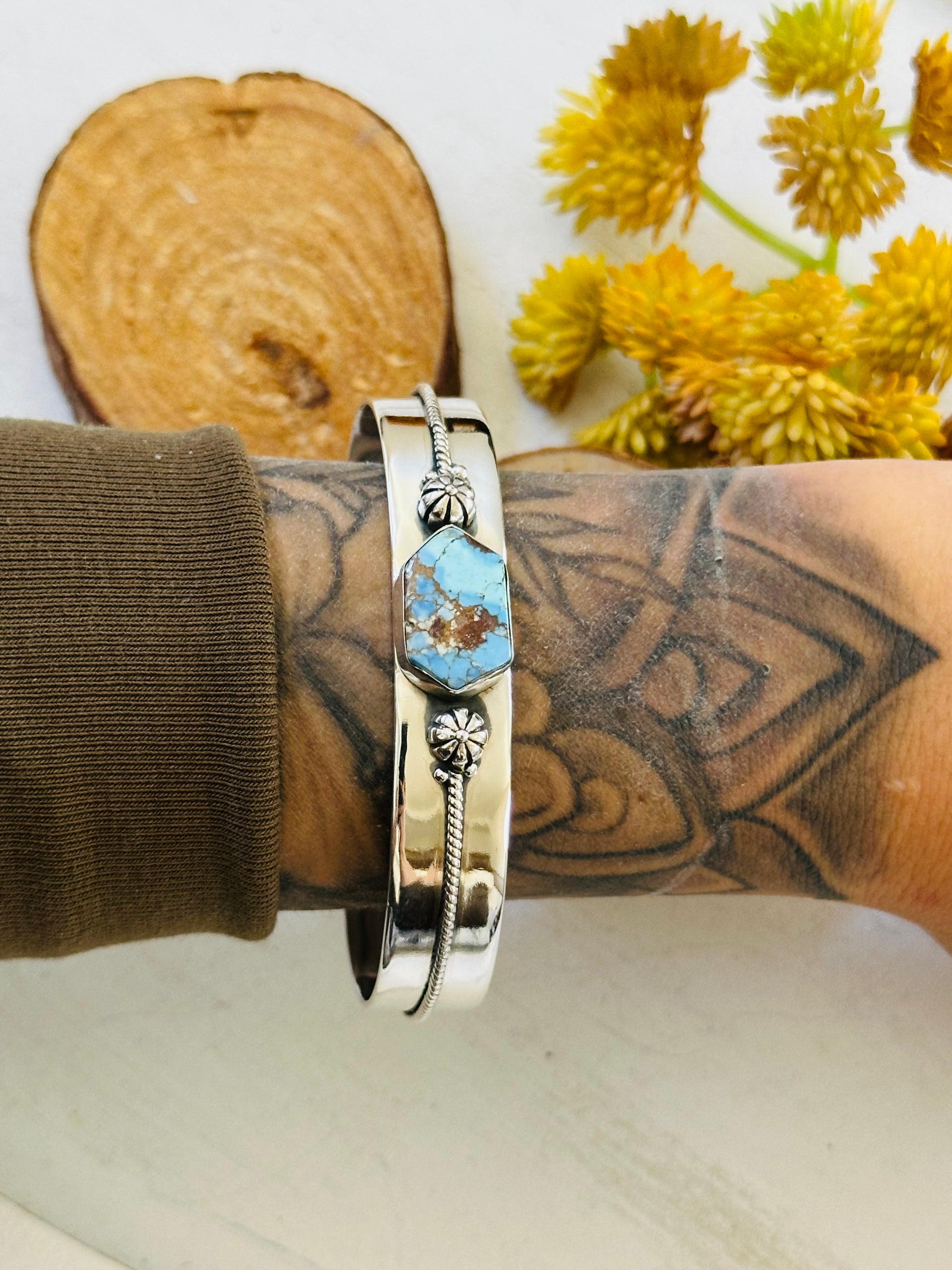 Southwest Made Golden Hills Turquoise & Sterling Silver Cuff Bracelet