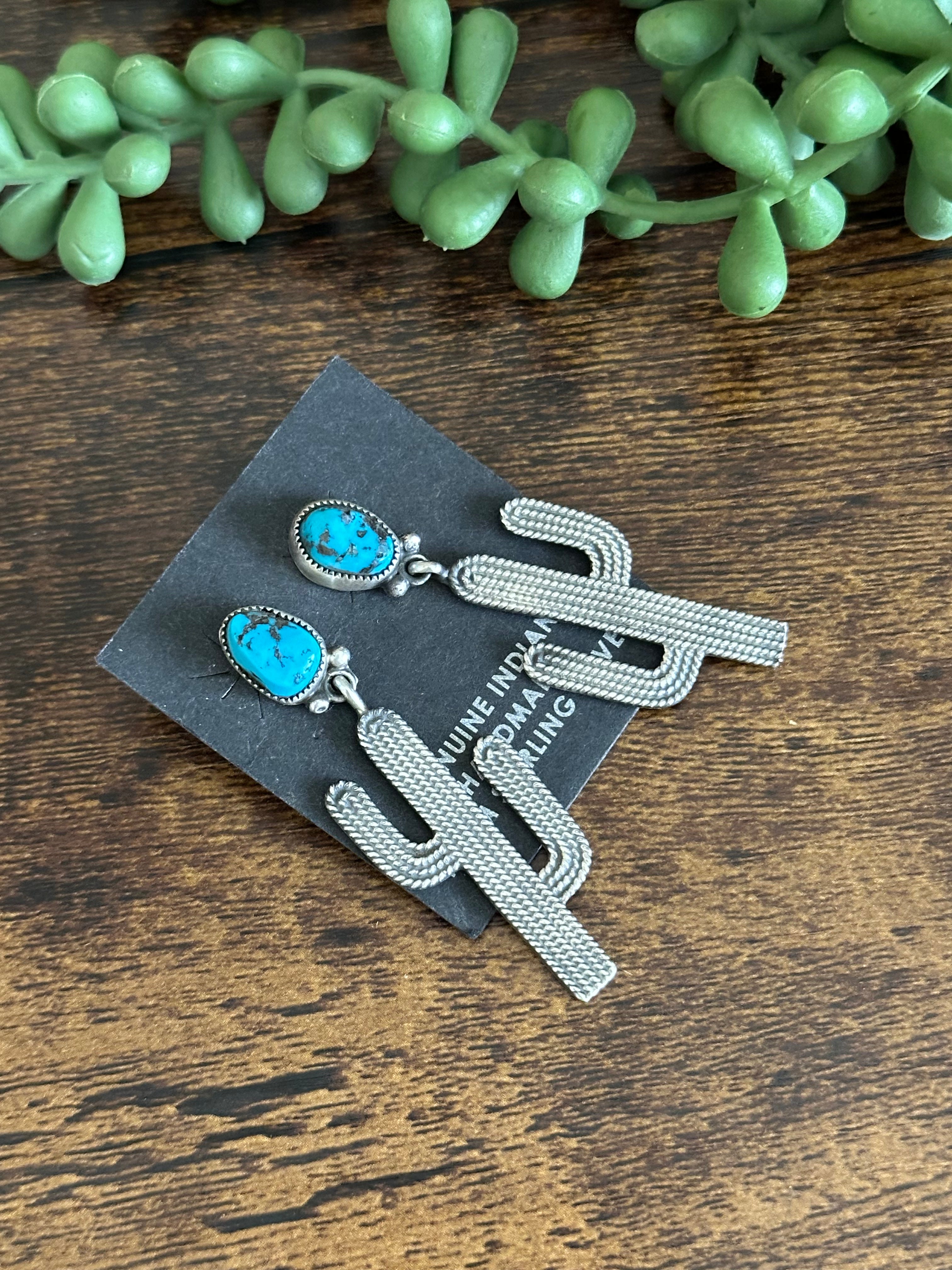 Navajo Made Kingman Turquoise & Sterling Silver Post Dangle Cactus Earrings