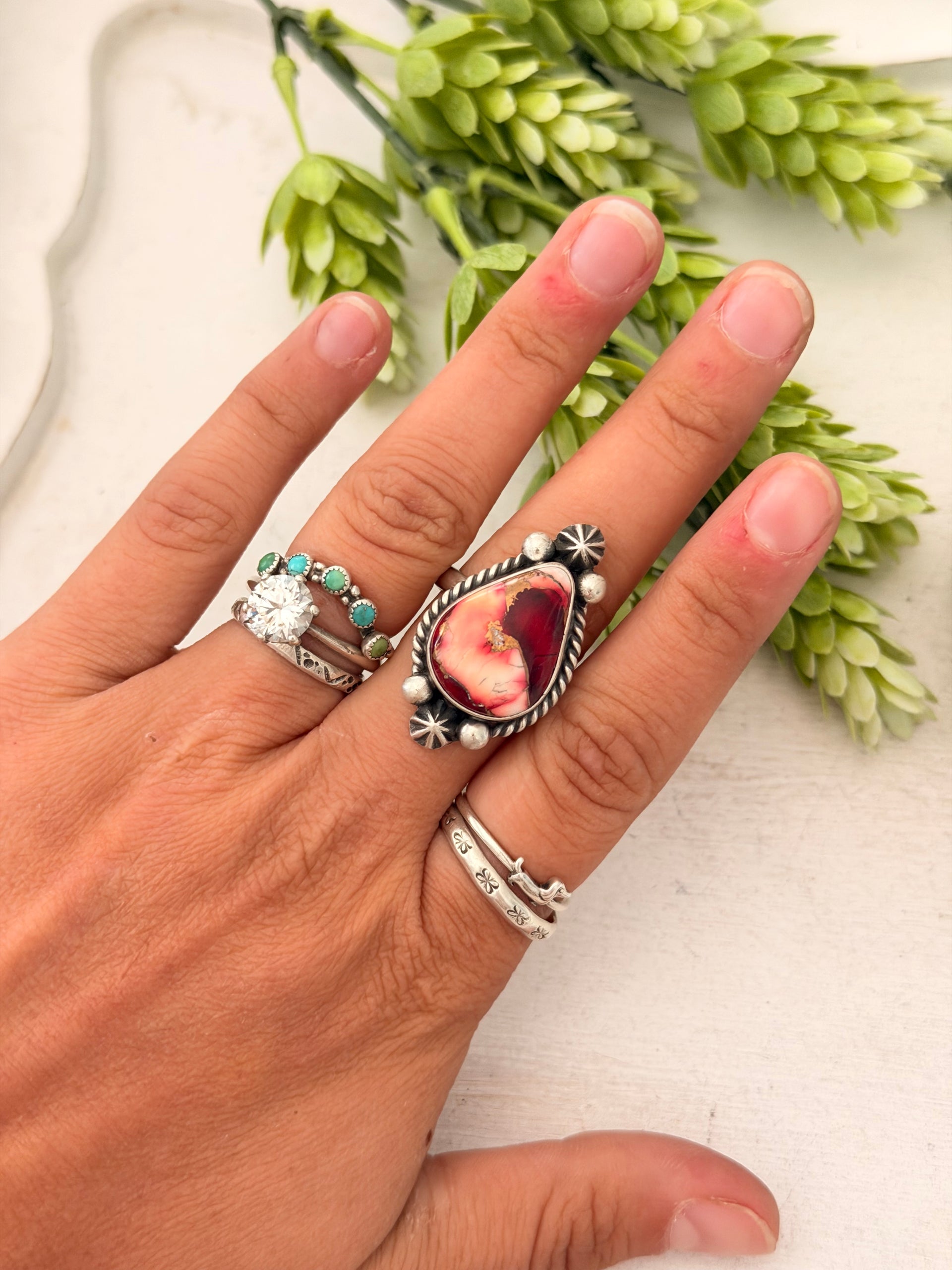 Johnny Dixon Rose Dahlia & Sterling Sliver Cluster Adjustable Ring