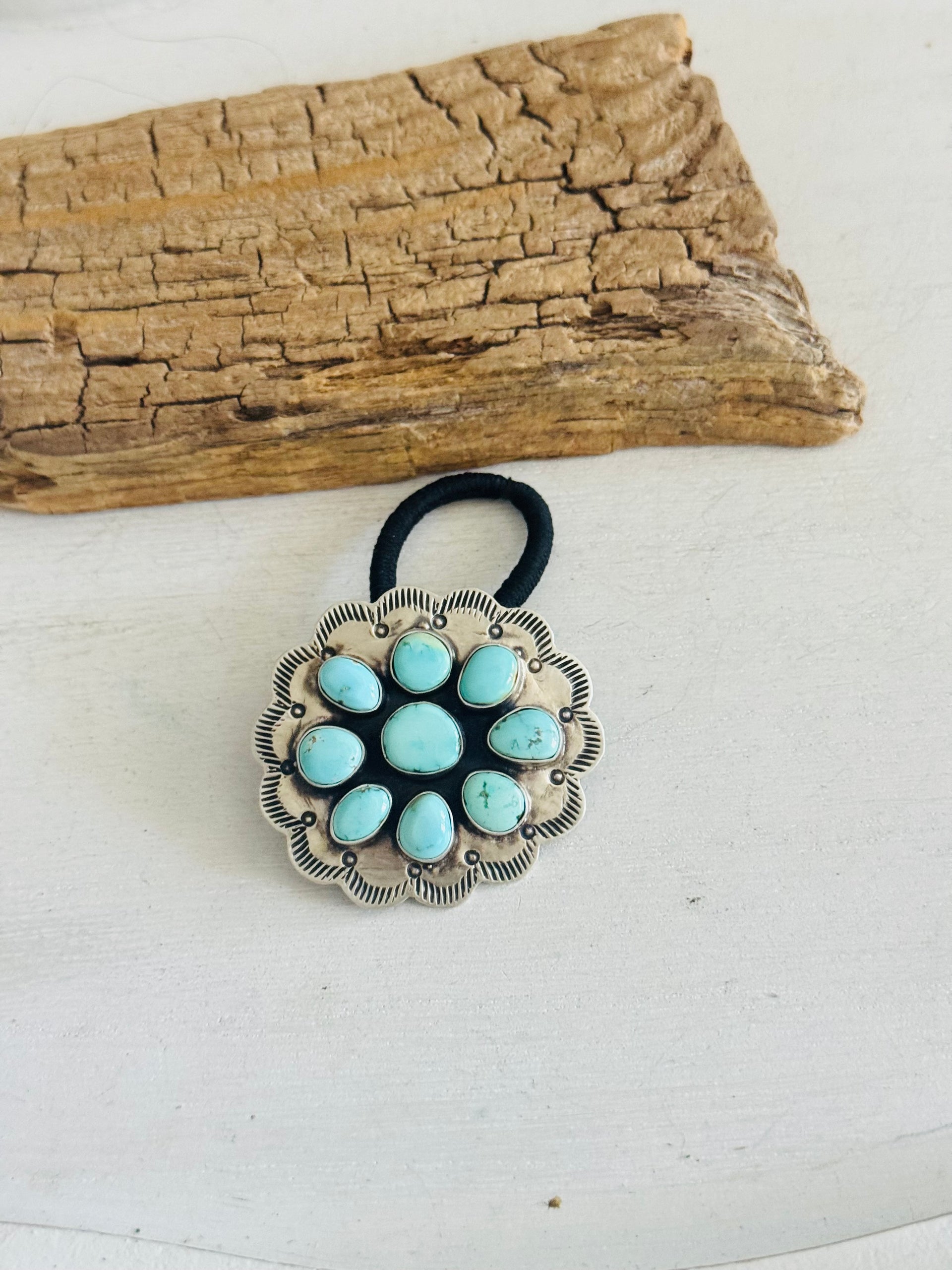 Danny Henio Royston Turquoise & Sterling Silver Concho Ponytail Holder