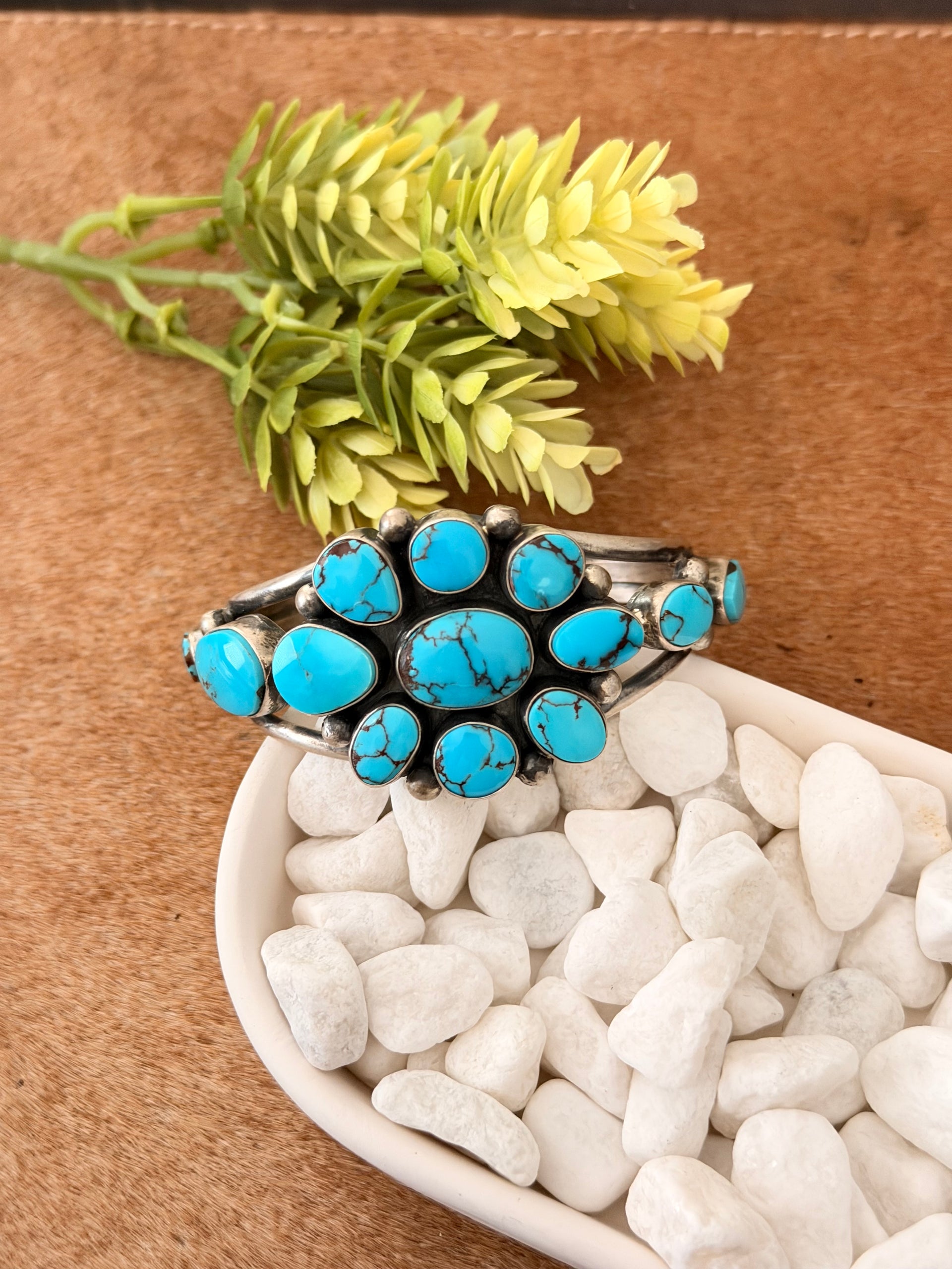 Paul Livingston Egyptian Turquoise & Sterling Silver Cluster Cuff Bracelet