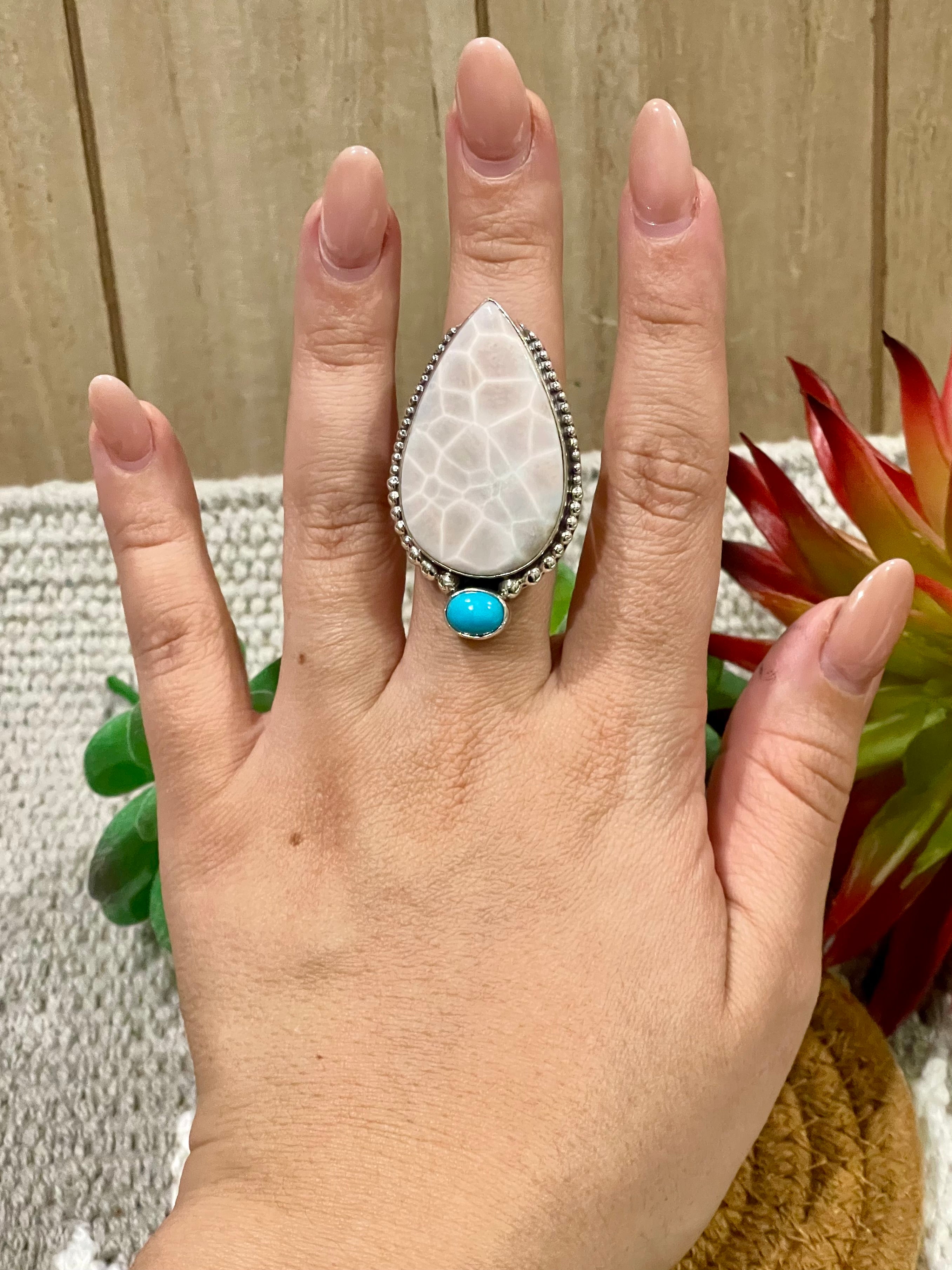 Southwest Handmade Pink Larimar With Kingman Turquoise & Sterling Silver Adjustable Ring