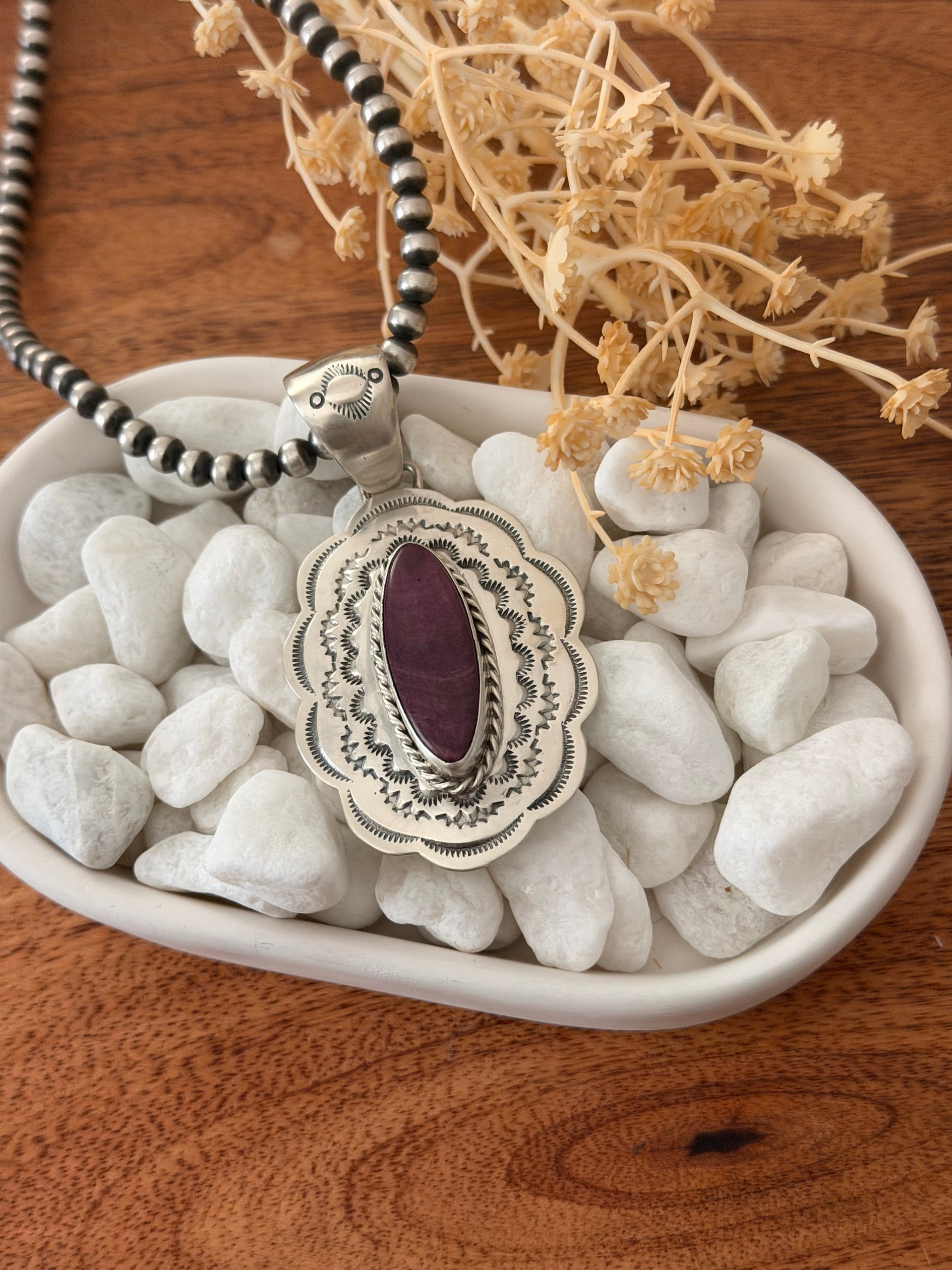 Navajo Made Purple Spiny Oyster & Sterling Silver Concho Pendant