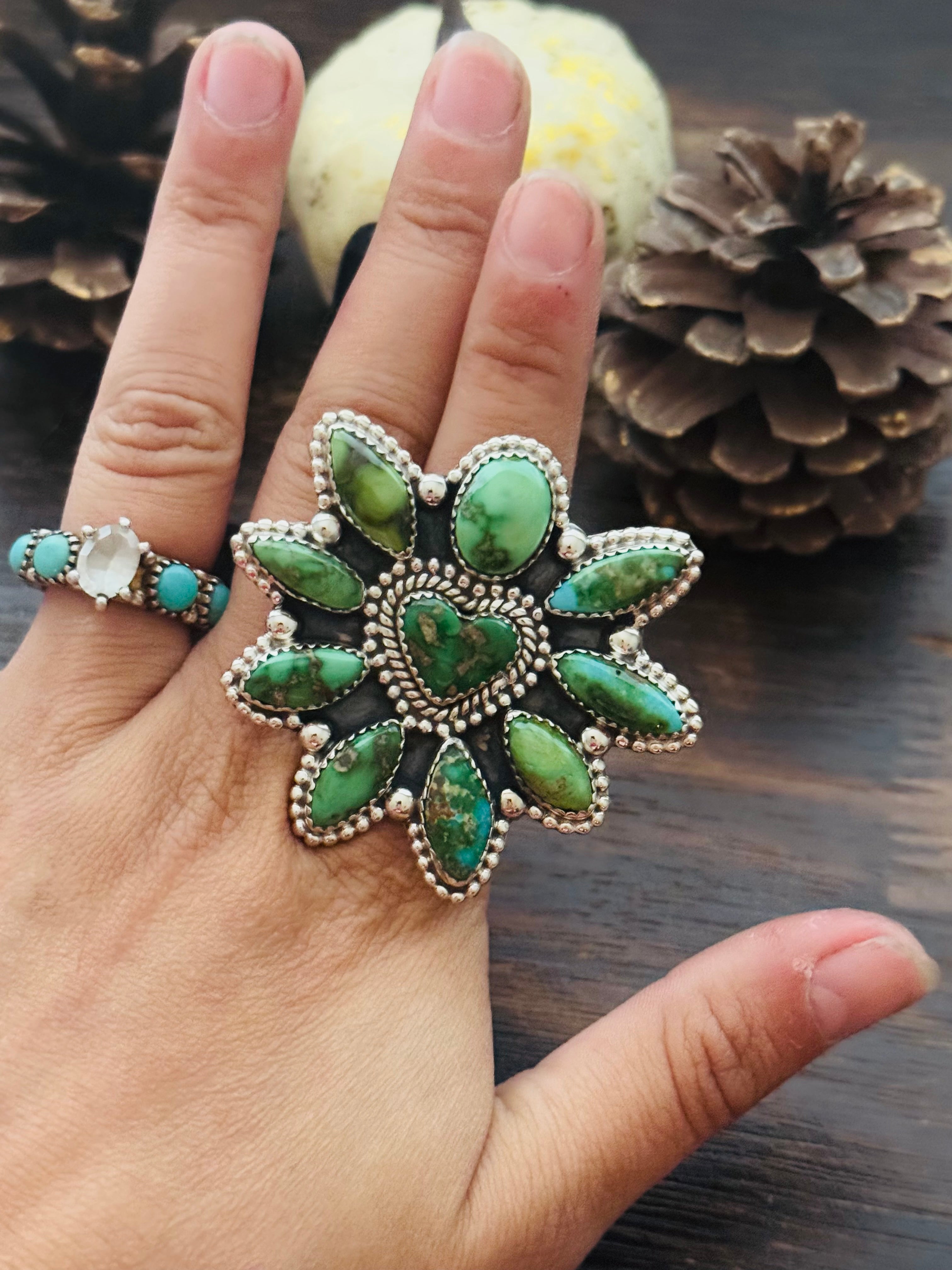 Southwest Handmade Sonoran Mountain Turquoise & Sterling Silver Adjustable Cluster Ring