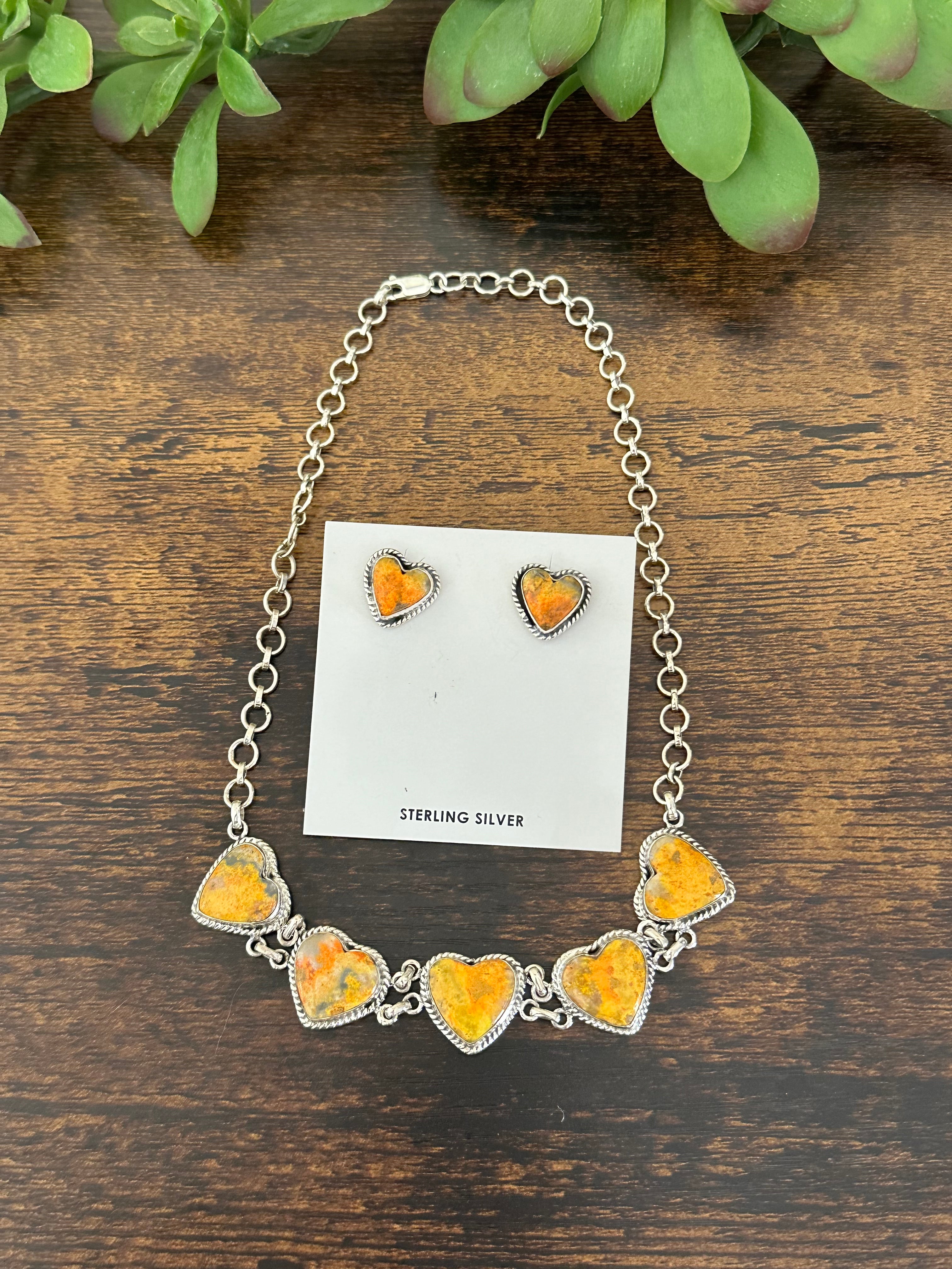 Southwest Made Bumblebee Jasper & Sterling Silver Heart Chocker Necklace Set