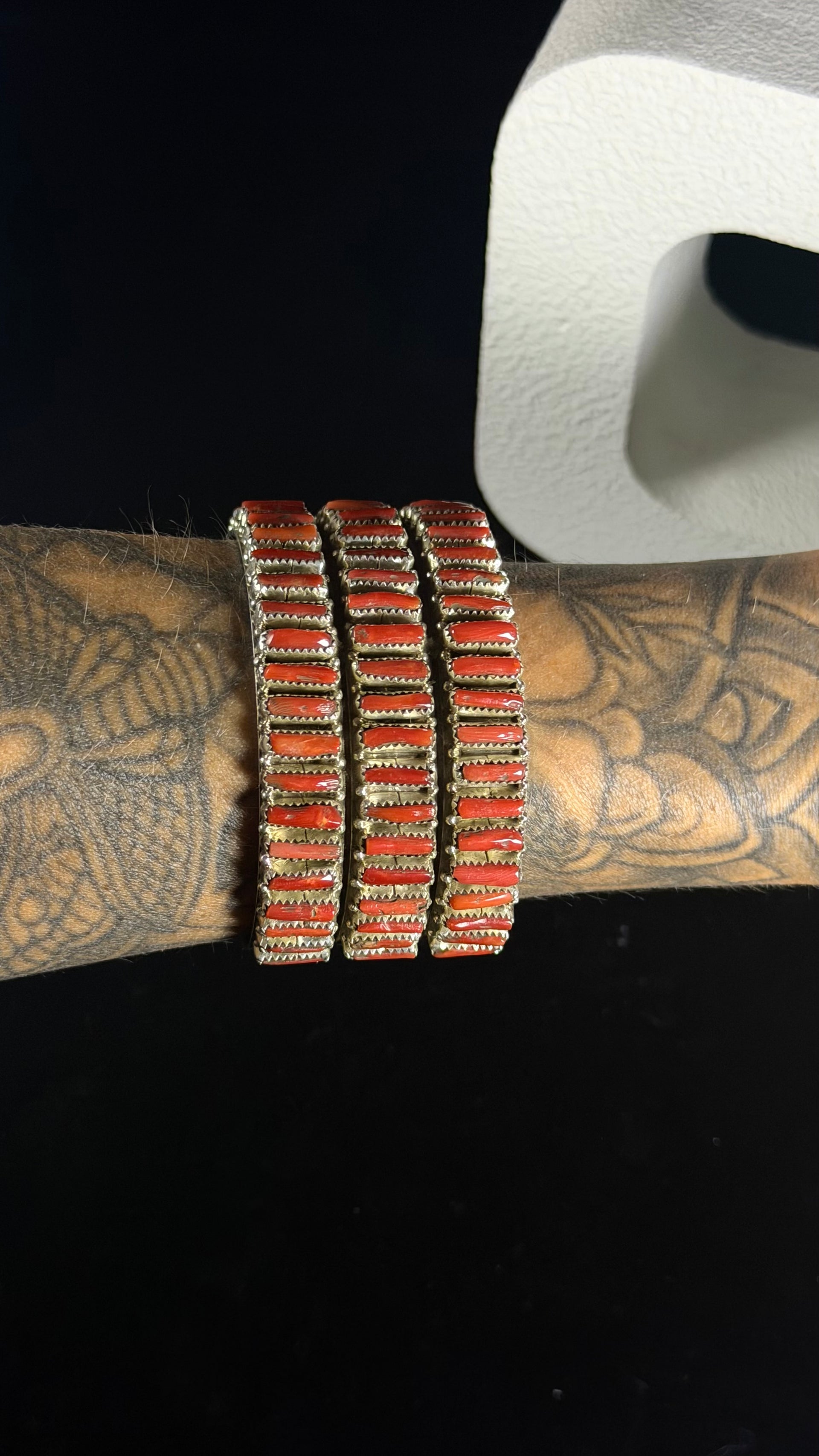 Navajo Made Mediterranean Coral & Sterling Silver Cluster Petite Cuff Bracelet