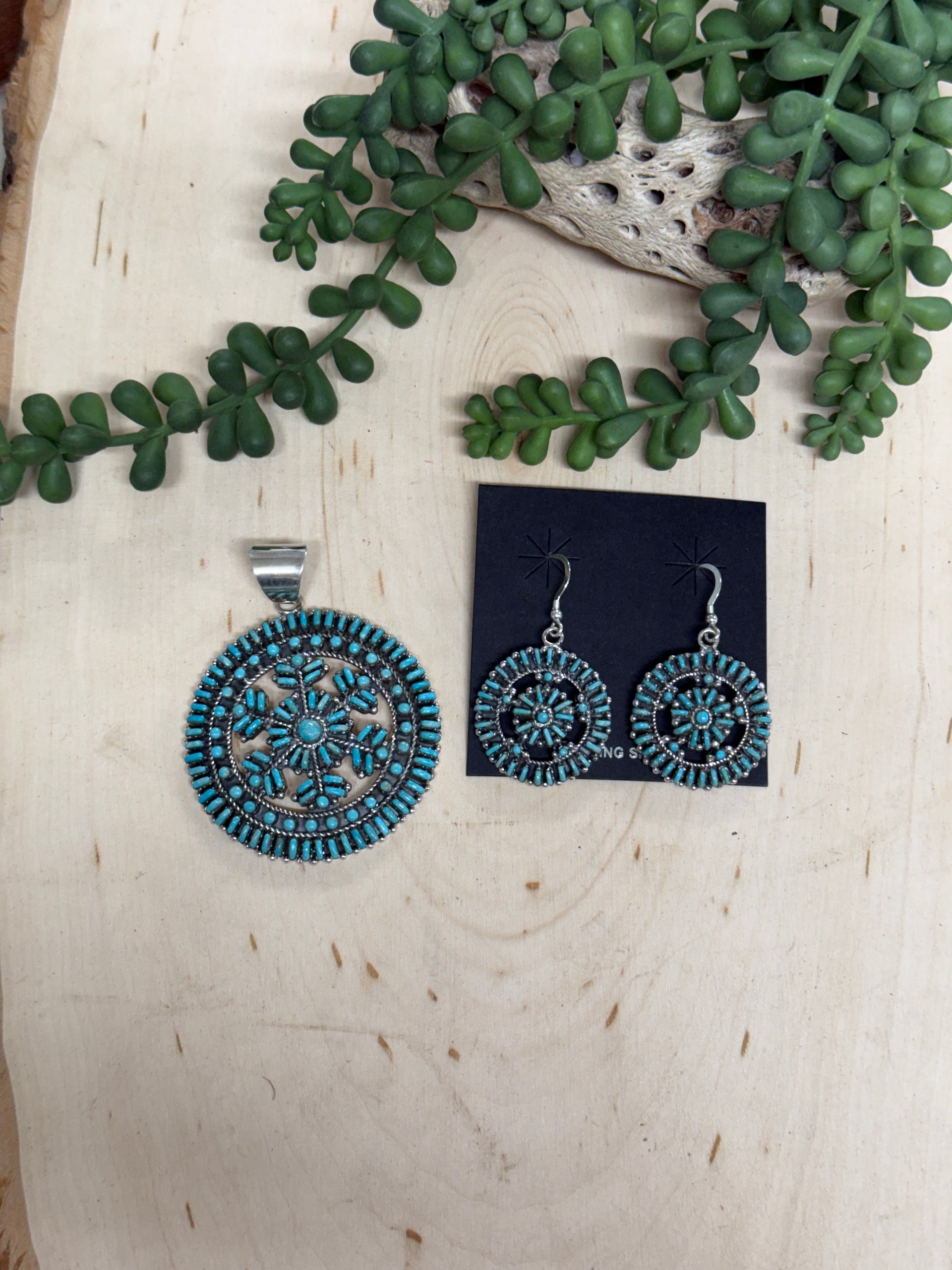 Southwest Handmade Kingman Turquoise & Sterling Silver Pendant and Earring Set